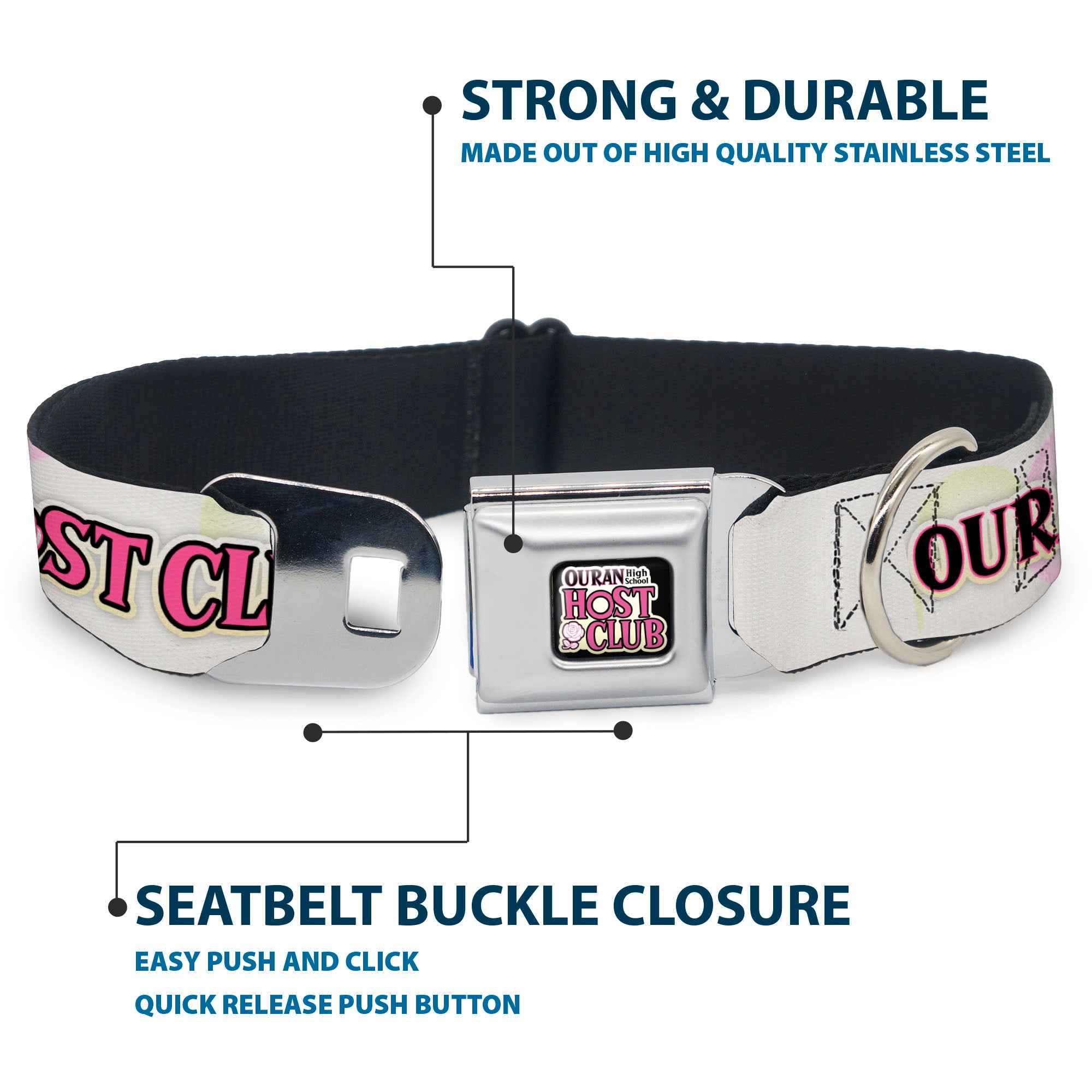 OURAN HIGH SCHOOL HOST CLUB Title Logo Full Color Black Seatbelt Buckle Collar - OURAN HIGH SCHOOL Chibi Tamaki and Haruhi Pose and Title Logo White Seatbelt Buckle Collars Ouran High School Host Club