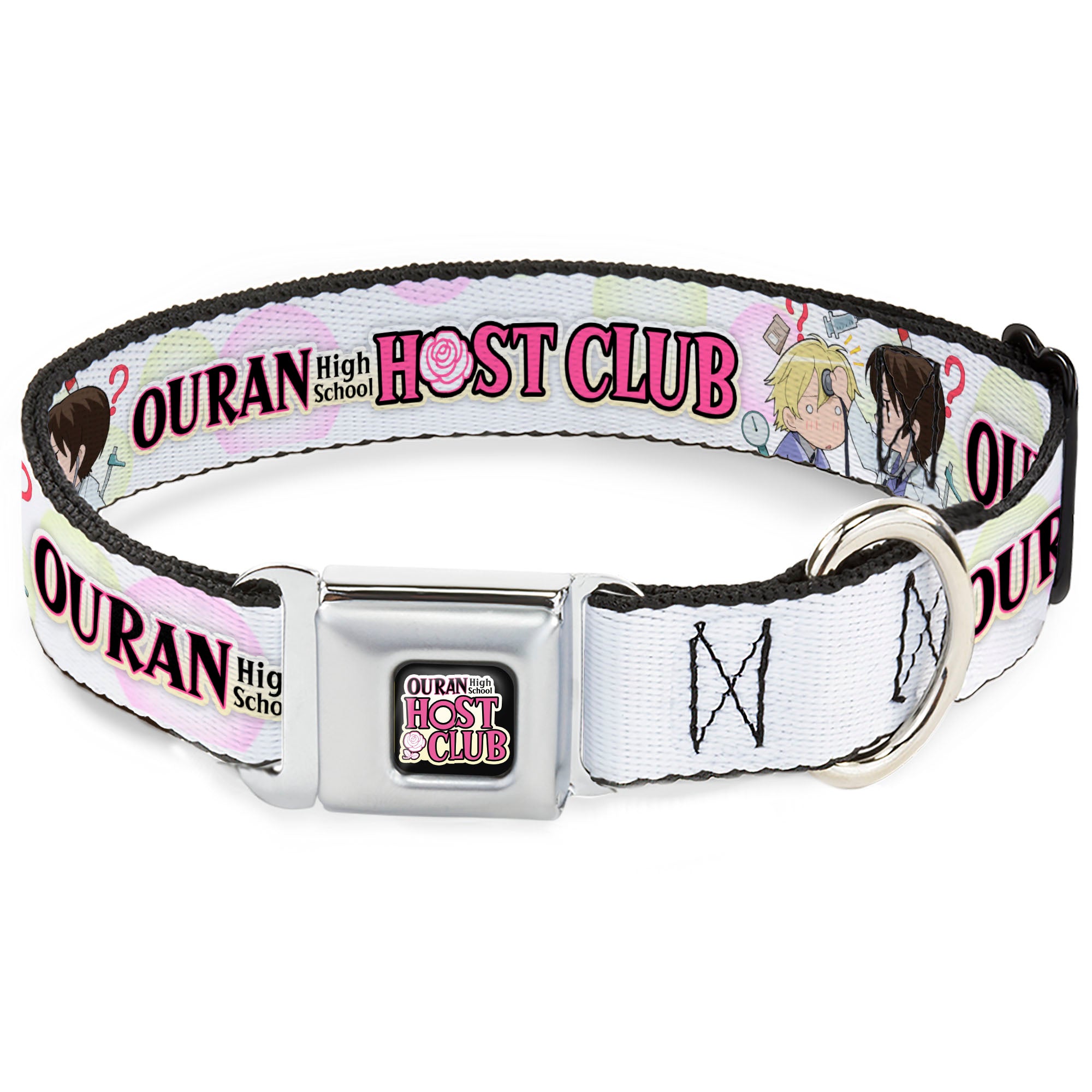 OURAN HIGH SCHOOL HOST CLUB Title Logo Full Color Black Seatbelt Buckle Collar - OURAN HIGH SCHOOL Chibi Tamaki and Haruhi Pose and Title Logo White Seatbelt Buckle Collars Ouran High School Host Club