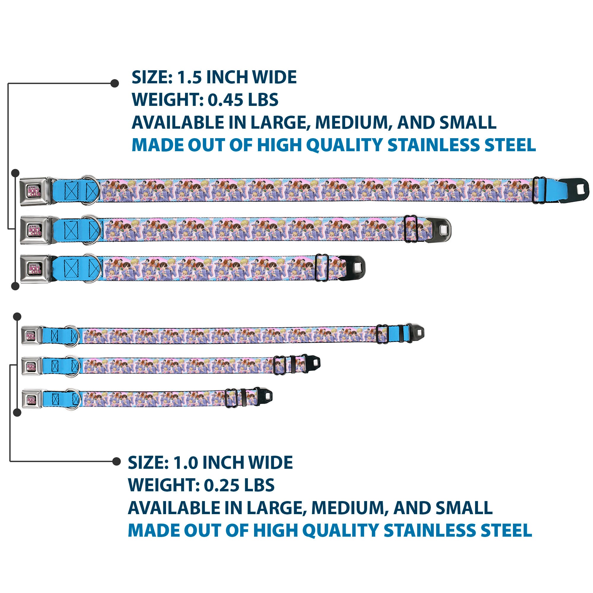 OURAN HIGH SCHOOL HOST CLUB Title Logo Full Color Black Seatbelt Buckle Collar - Ouran High School Host Club Seven Character Sushi Dining Pose Pink/Blue Seatbelt Buckle Collars Ouran High School Host Club