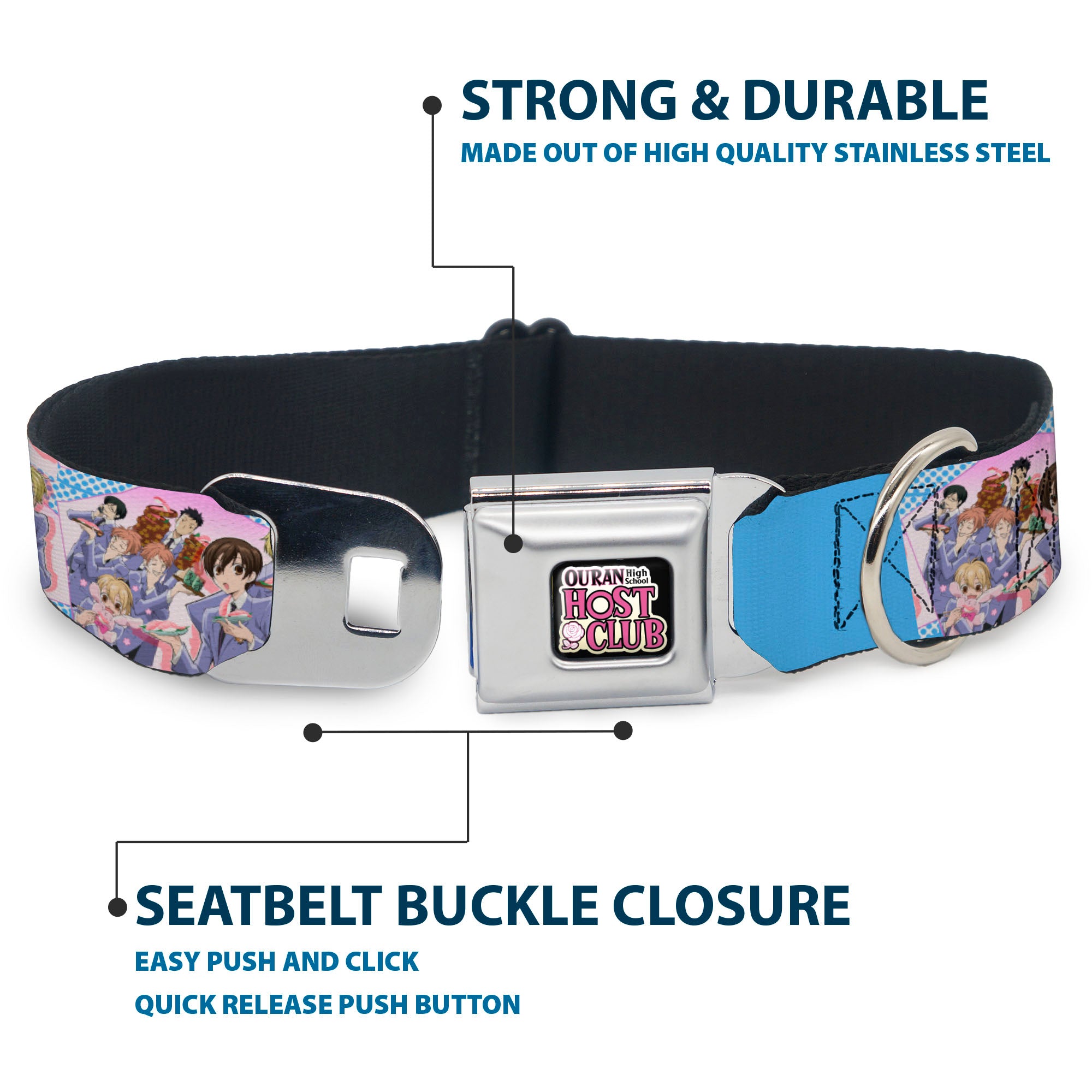 OURAN HIGH SCHOOL HOST CLUB Title Logo Full Color Black Seatbelt Buckle Collar - Ouran High School Host Club Seven Character Sushi Dining Pose Pink/Blue Seatbelt Buckle Collars Ouran High School Host Club