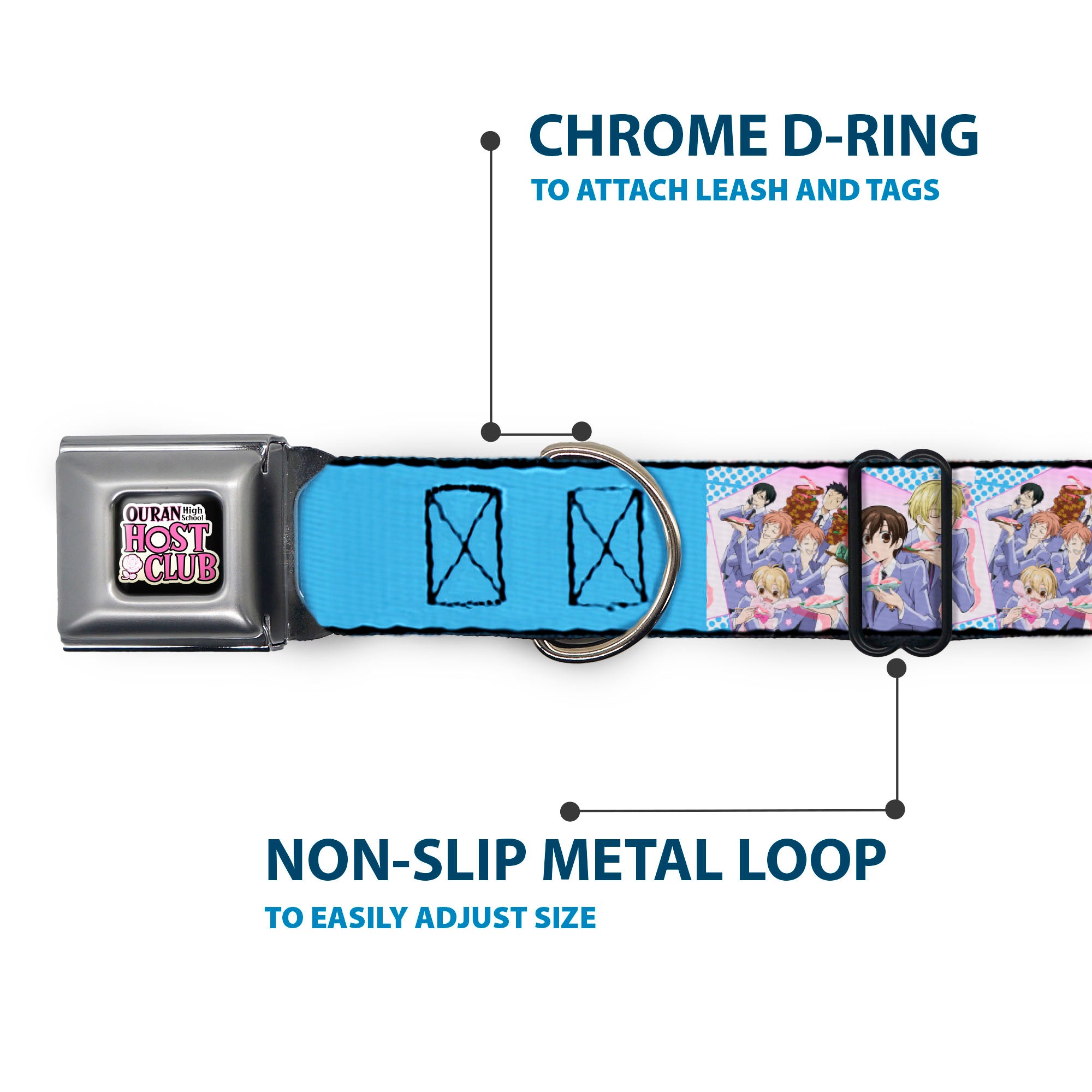 OURAN HIGH SCHOOL HOST CLUB Title Logo Full Color Black Seatbelt Buckle Collar - Ouran High School Host Club Seven Character Sushi Dining Pose Pink/Blue Seatbelt Buckle Collars Ouran High School Host Club