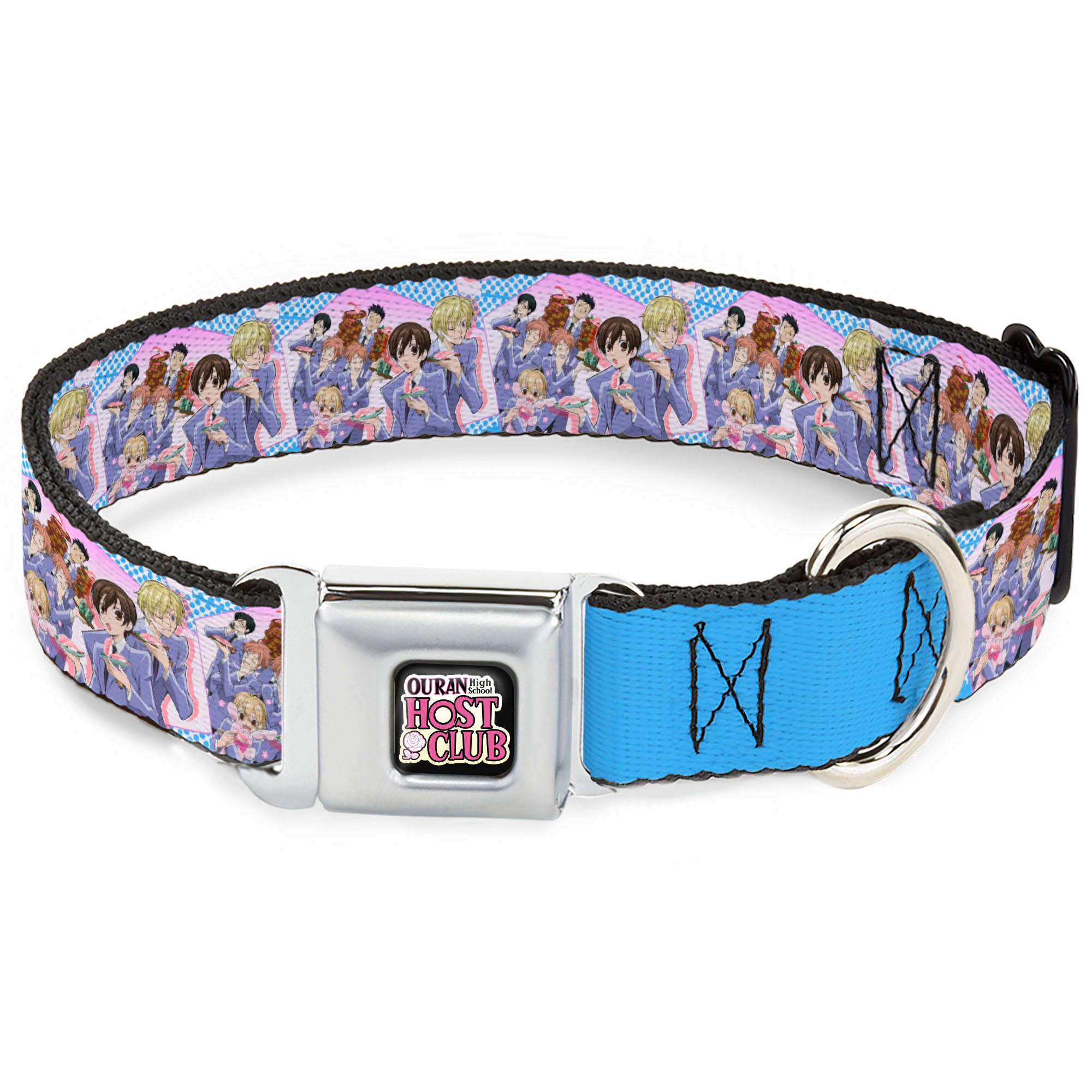 OURAN HIGH SCHOOL HOST CLUB Title Logo Full Color Black Seatbelt Buckle Collar - Ouran High School Host Club Seven Character Sushi Dining Pose Pink/Blue Seatbelt Buckle Collars Ouran High School Host Club
