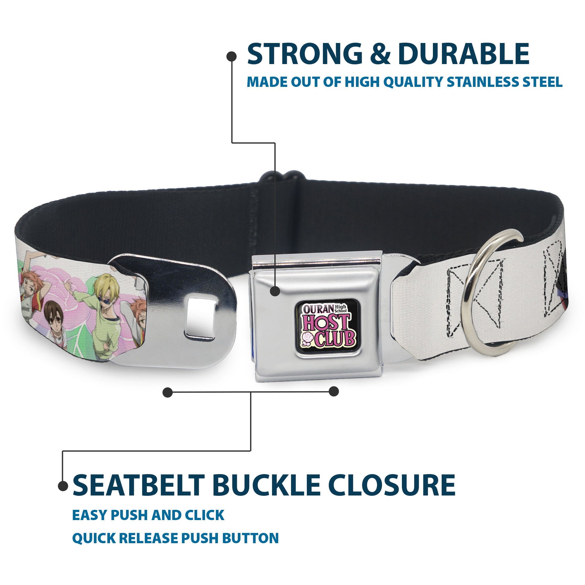 OURAN HIGH SCHOOL HOST CLUB Title Logo Full Color Black Seatbelt Buckle Collar - OURAN HIGH SCHOOL Seven Character Group Pose and Title Logo White Seatbelt Buckle Collars Ouran High School Host Club