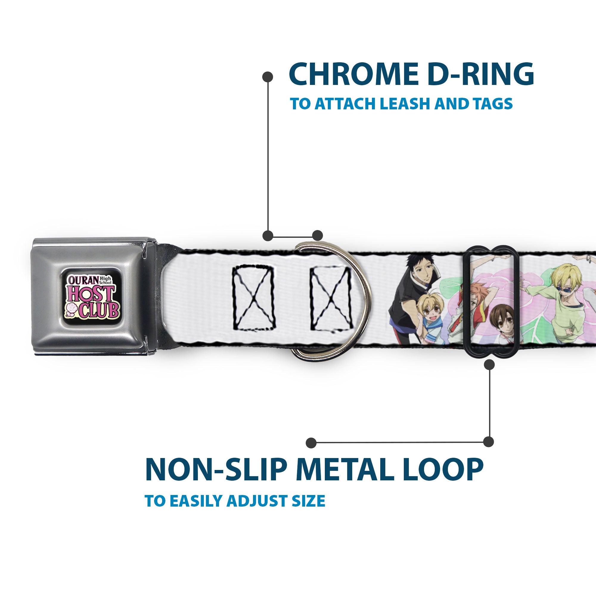 OURAN HIGH SCHOOL HOST CLUB Title Logo Full Color Black Seatbelt Buckle Collar - OURAN HIGH SCHOOL Seven Character Group Pose and Title Logo White Seatbelt Buckle Collars Ouran High School Host Club