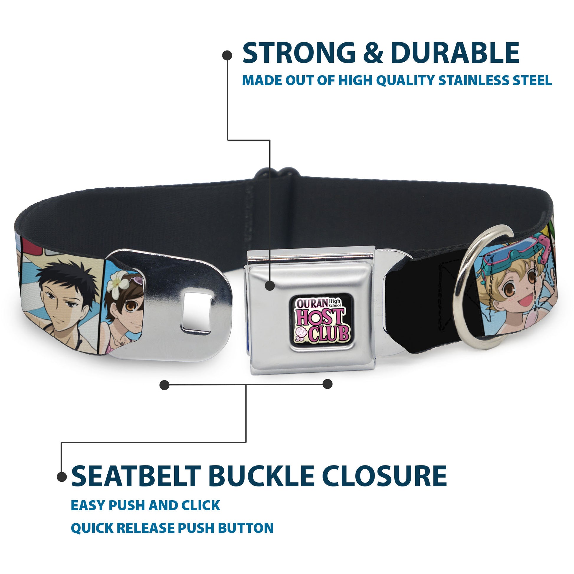 OURAN HIGH SCHOOL HOST CLUB Title Logo Full Color Black Seatbelt Buckle Collar - Ouran High School Host Club Seven Character Beach Day Pose Blocks Seatbelt Buckle Collars Ouran High School Host Club