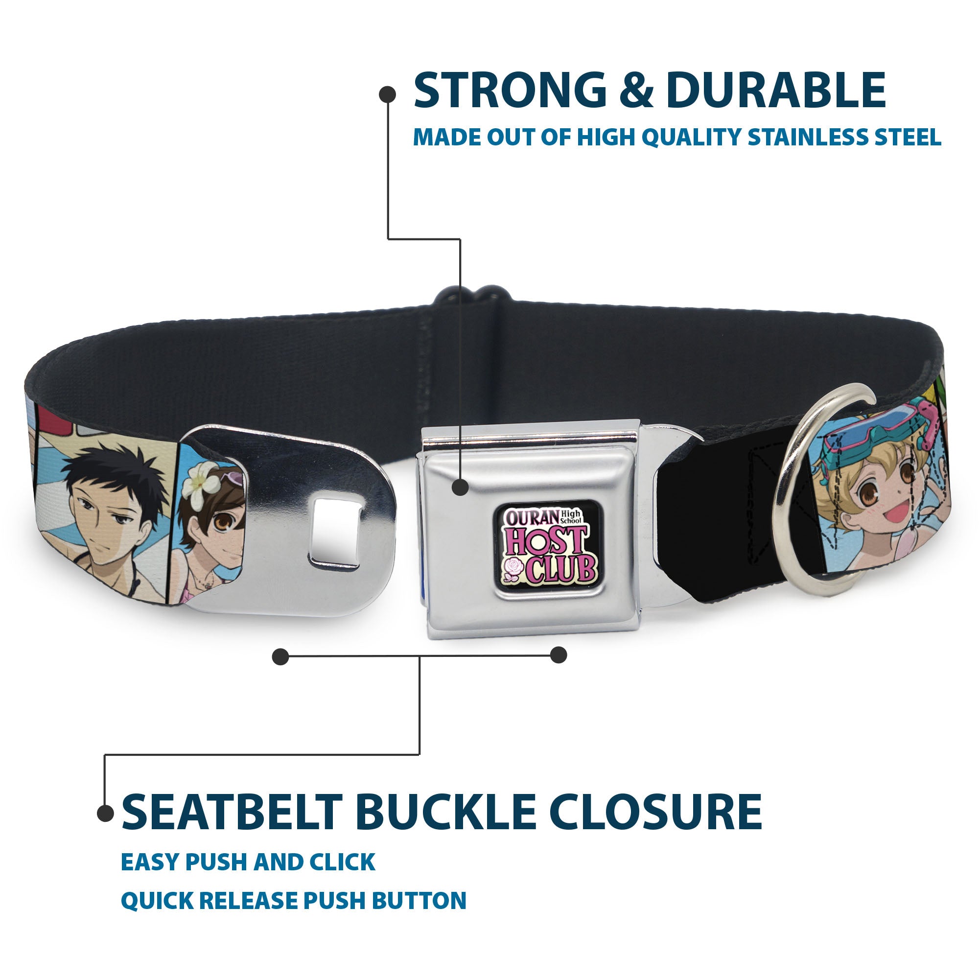 OURAN HIGH SCHOOL HOST CLUB Title Logo Full Color Black Seatbelt Buckle Collar - Ouran High School Host Club Seven Character Beach Day Pose Blocks Seatbelt Buckle Collars Ouran High School Host Club