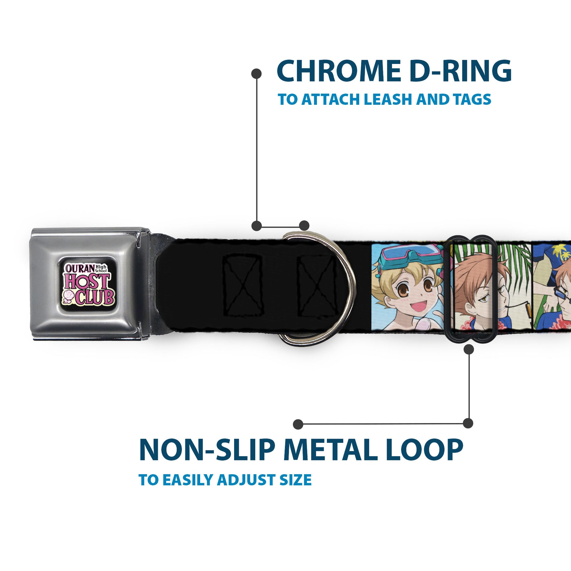 OURAN HIGH SCHOOL HOST CLUB Title Logo Full Color Black Seatbelt Buckle Collar - Ouran High School Host Club Seven Character Beach Day Pose Blocks Seatbelt Buckle Collars Ouran High School Host Club