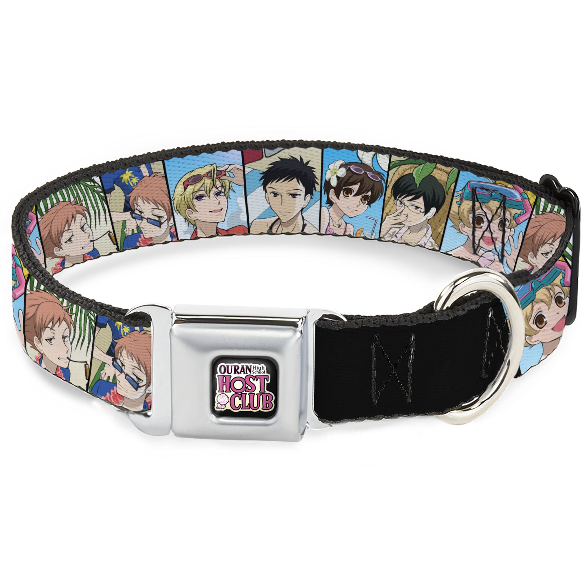 OURAN HIGH SCHOOL HOST CLUB Title Logo Full Color Black Seatbelt Buckle Collar - Ouran High School Host Club Seven Character Beach Day Pose Blocks Seatbelt Buckle Collars Ouran High School Host Club