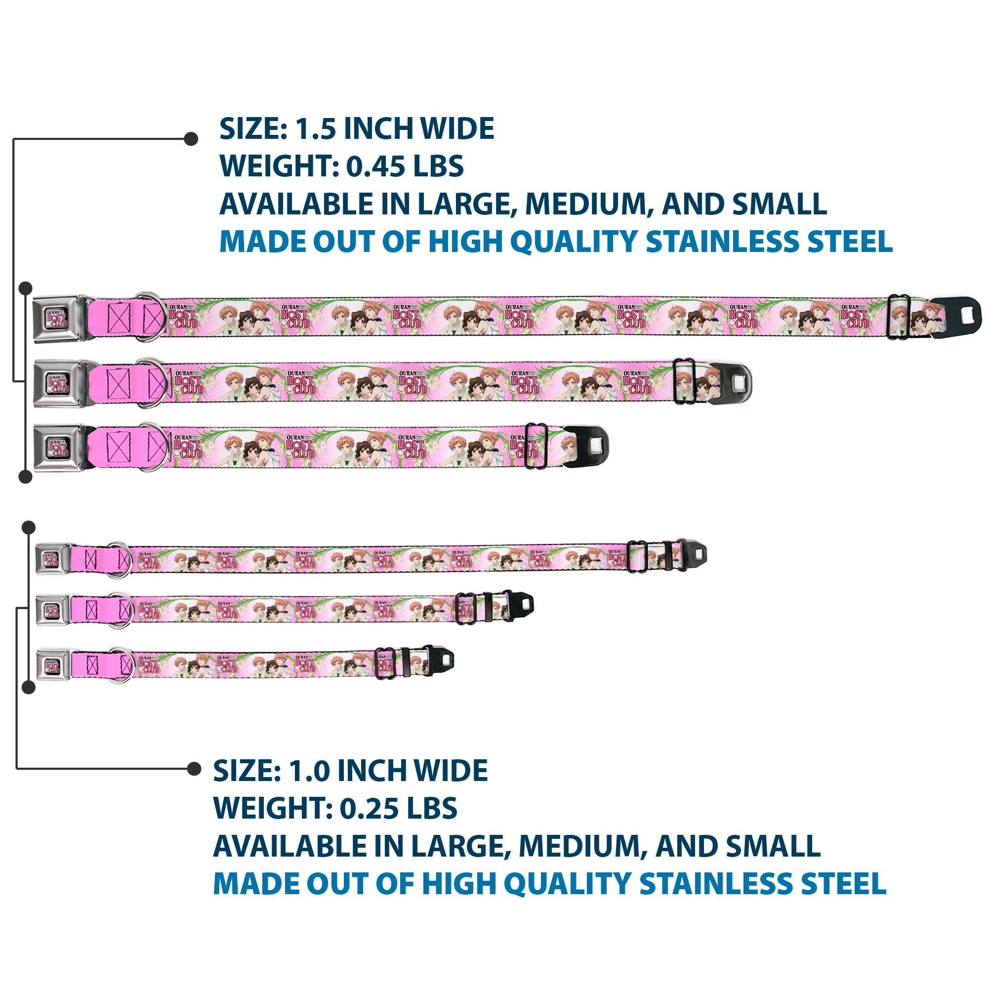 OURAN HIGH SCHOOL HOST CLUB Title Logo Full Color Black Seatbelt Buckle Collar - OURAN HIGH SCHOOL HOST CLUB Haruhi and Hitachiin Twins Lilies Pose and Title Logo Pinks Seatbelt Buckle Collars Ouran High School Host Club