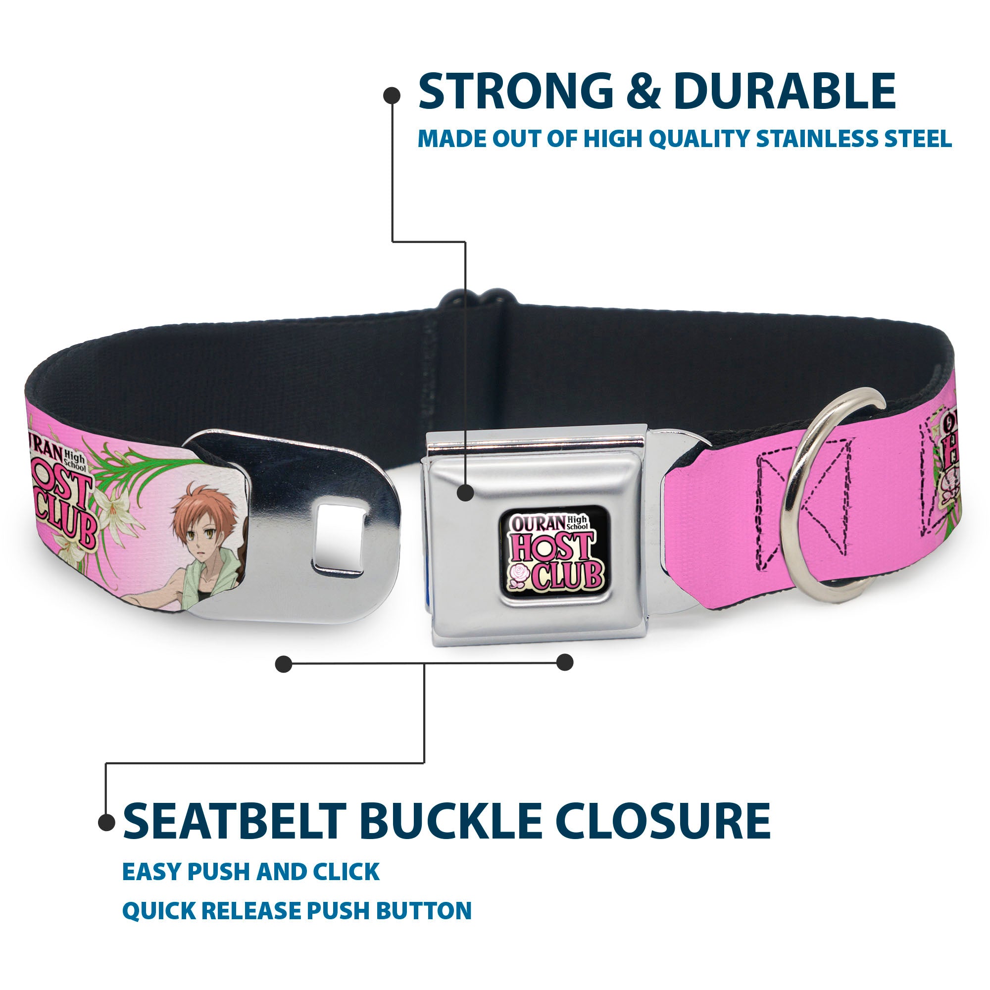 OURAN HIGH SCHOOL HOST CLUB Title Logo Full Color Black Seatbelt Buckle Collar - OURAN HIGH SCHOOL HOST CLUB Haruhi and Hitachiin Twins Lilies Pose and Title Logo Pinks Seatbelt Buckle Collars Ouran High School Host Club