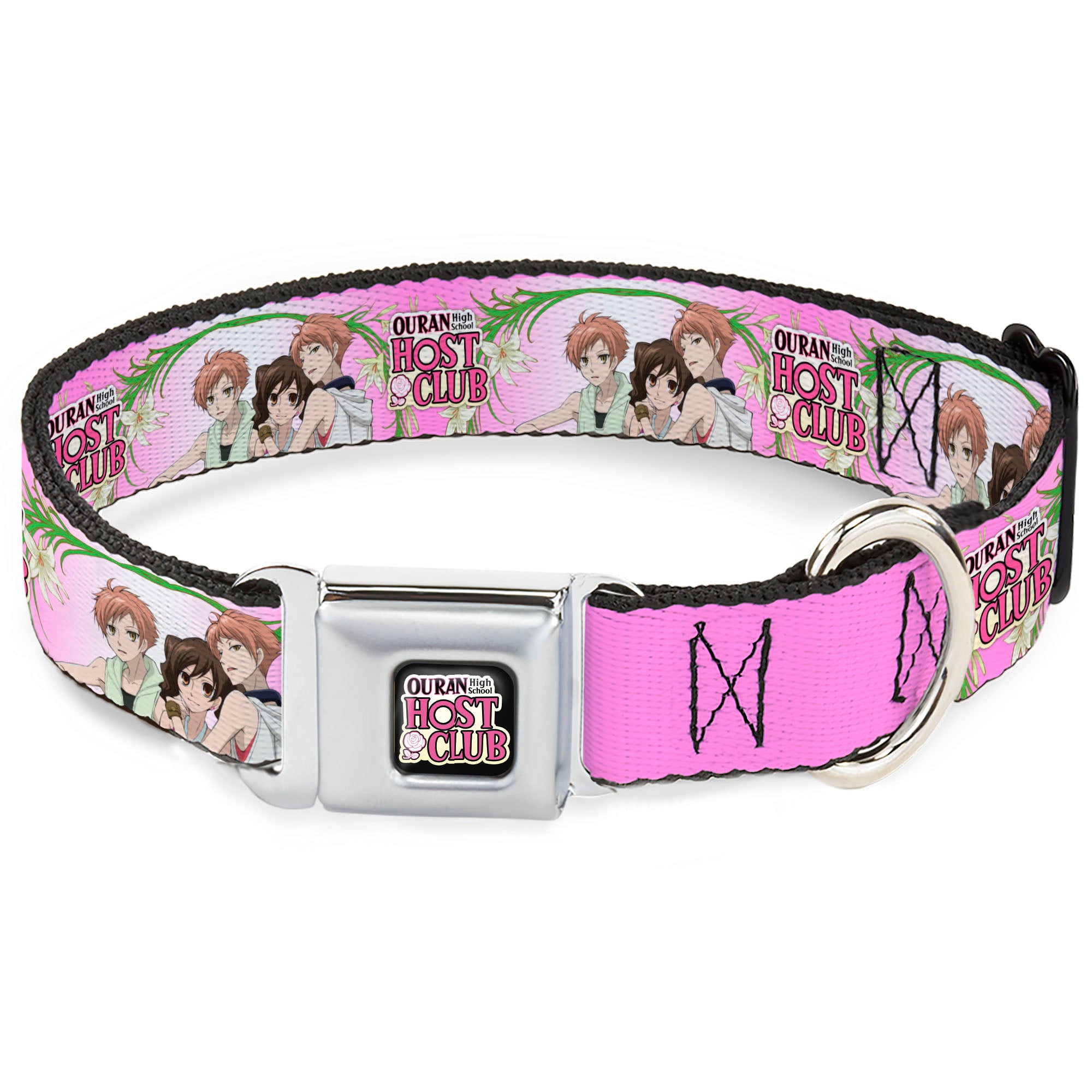 OURAN HIGH SCHOOL HOST CLUB Title Logo Full Color Black Seatbelt Buckle Collar - OURAN HIGH SCHOOL HOST CLUB Haruhi and Hitachiin Twins Lilies Pose and Title Logo Pinks Seatbelt Buckle Collars Ouran High School Host Club