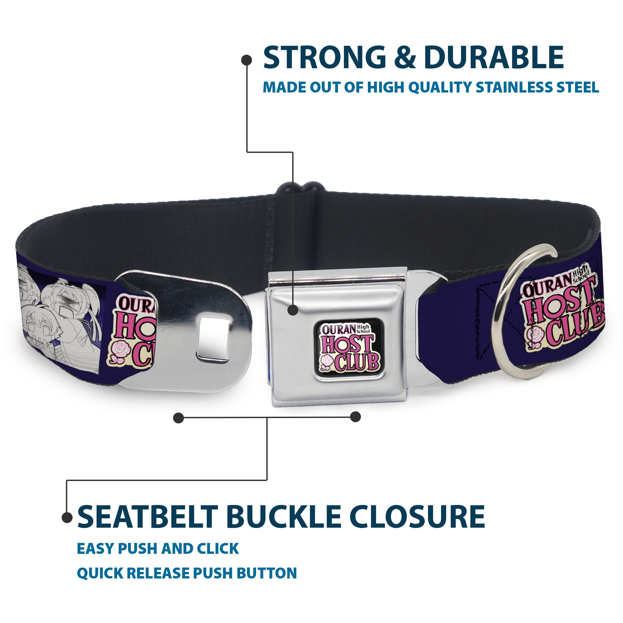 OURAN HIGH SCHOOL HOST CLUB Title Logo Full Color Black Seatbelt Buckle Collar - OURAN HIGH SCHOOL HOST CLUB Character Doodle and Title Logo Violet Seatbelt Buckle Collars Ouran High School Host Club