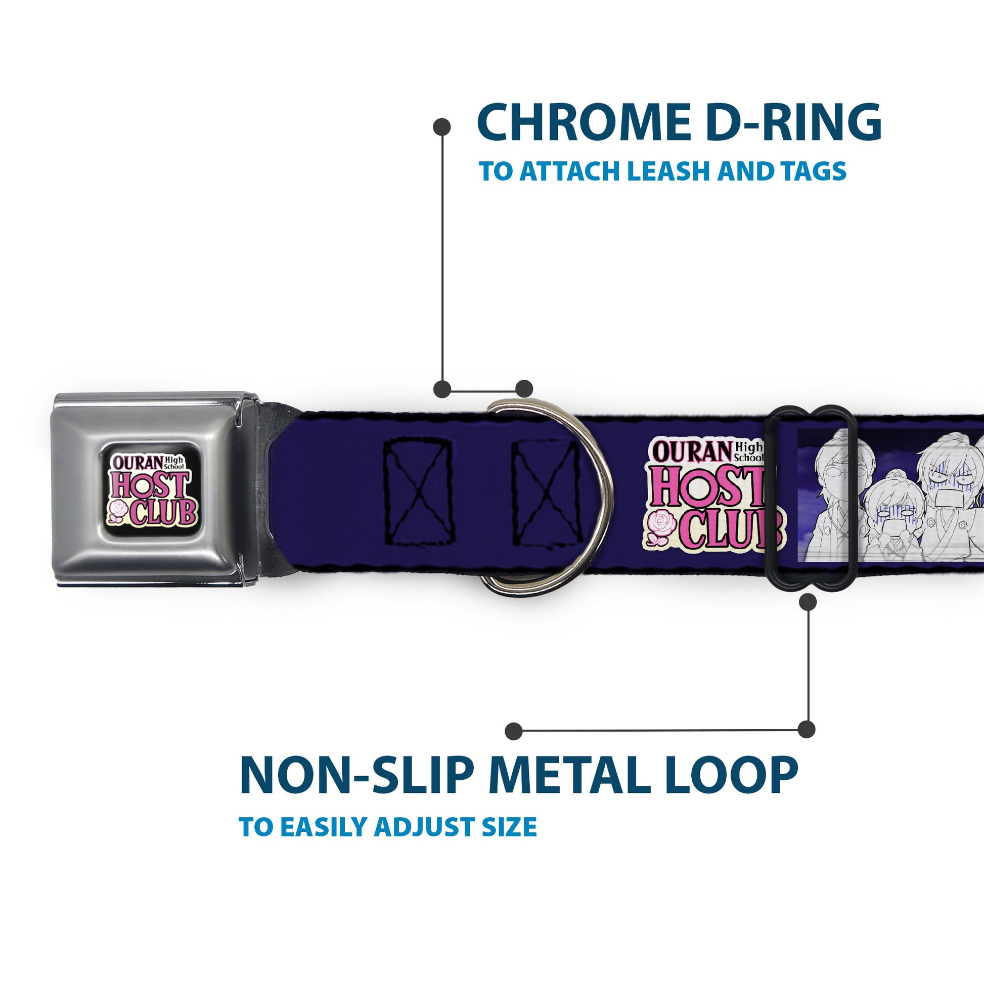OURAN HIGH SCHOOL HOST CLUB Title Logo Full Color Black Seatbelt Buckle Collar - OURAN HIGH SCHOOL HOST CLUB Character Doodle and Title Logo Violet Seatbelt Buckle Collars Ouran High School Host Club