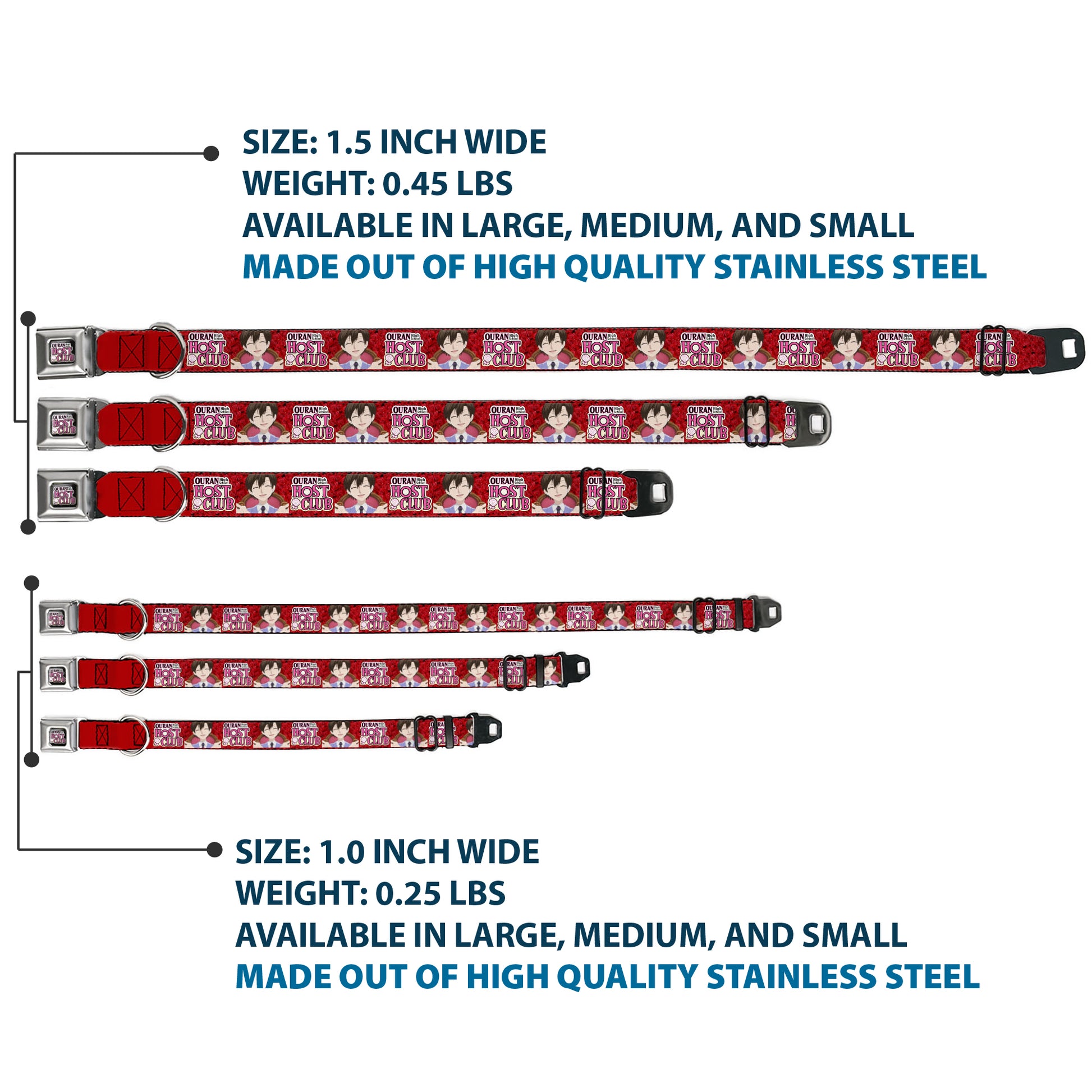 OURAN HIGH SCHOOL HOST CLUB Title Logo Full Color Black Seatbelt Buckle Collar - OURAN HIGH SCHOOL HOST CLUB Haruhi Smiling Pose with Roses and Title Logo Reds Seatbelt Buckle Collars Ouran High School Host Club