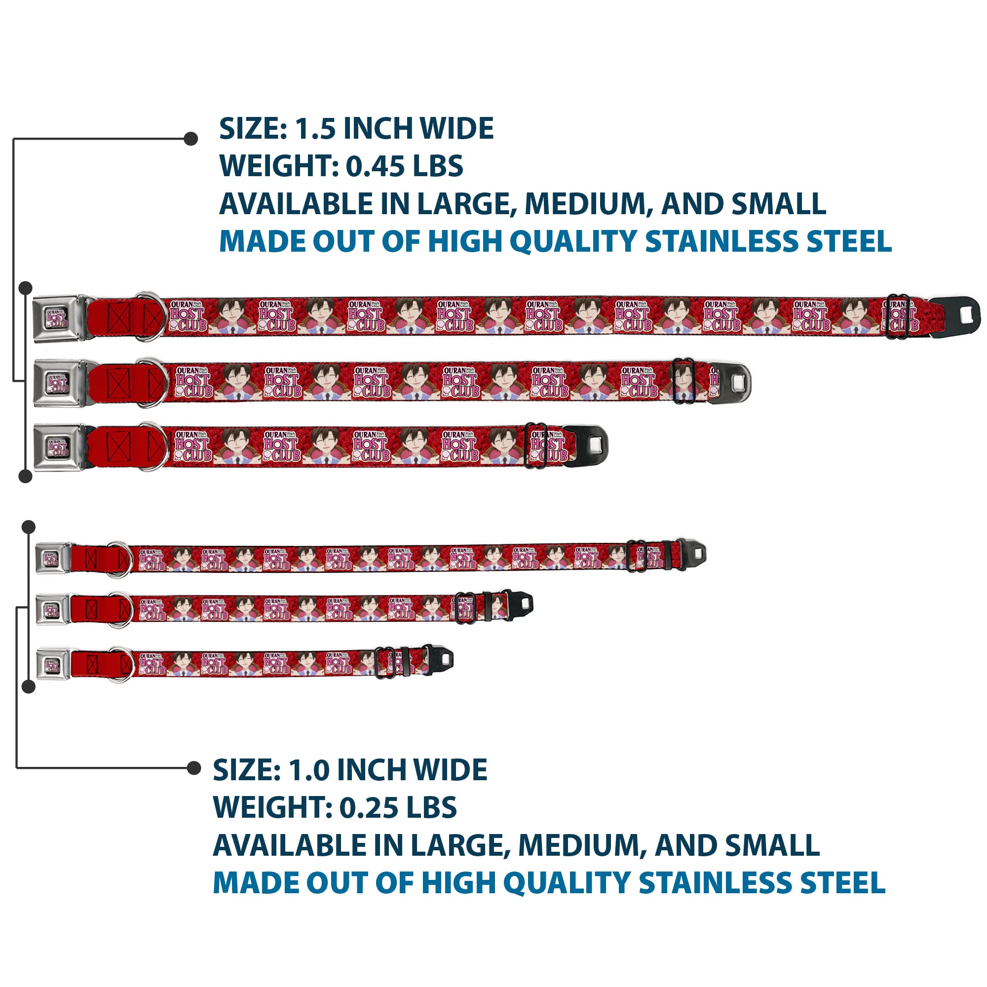 OURAN HIGH SCHOOL HOST CLUB Title Logo Full Color Black Seatbelt Buckle Collar - OURAN HIGH SCHOOL HOST CLUB Haruhi Smiling Pose with Roses and Title Logo Reds Seatbelt Buckle Collars Ouran High School Host Club