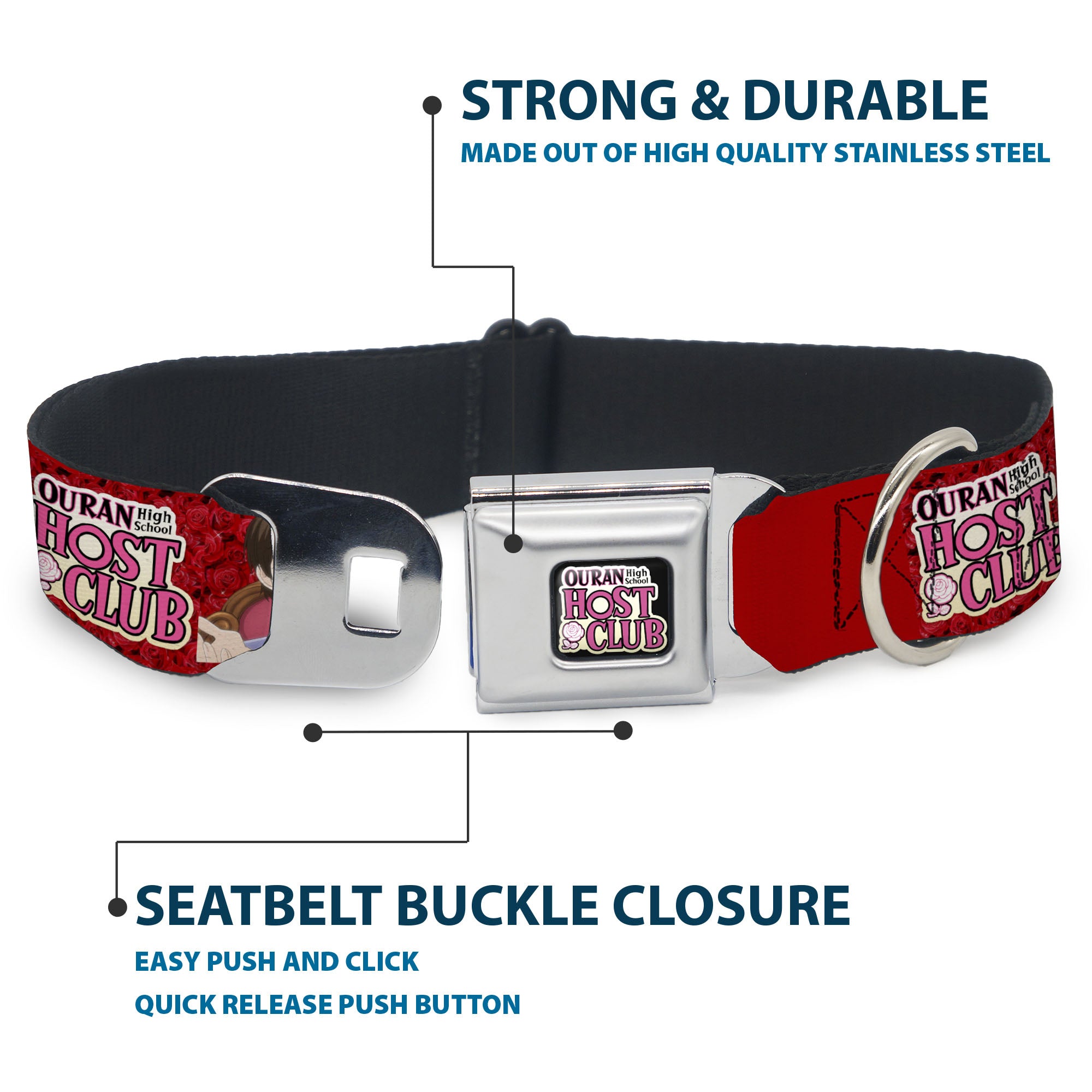 OURAN HIGH SCHOOL HOST CLUB Title Logo Full Color Black Seatbelt Buckle Collar - OURAN HIGH SCHOOL HOST CLUB Haruhi Smiling Pose with Roses and Title Logo Reds Seatbelt Buckle Collars Ouran High School Host Club