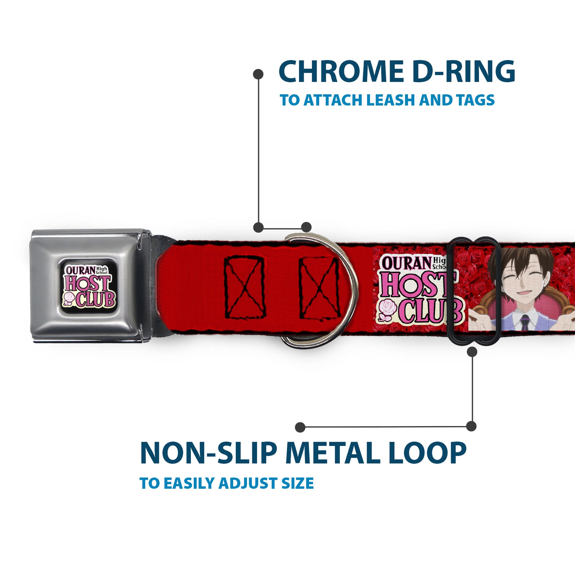 OURAN HIGH SCHOOL HOST CLUB Title Logo Full Color Black Seatbelt Buckle Collar - OURAN HIGH SCHOOL HOST CLUB Haruhi Smiling Pose with Roses and Title Logo Reds Seatbelt Buckle Collars Ouran High School Host Club