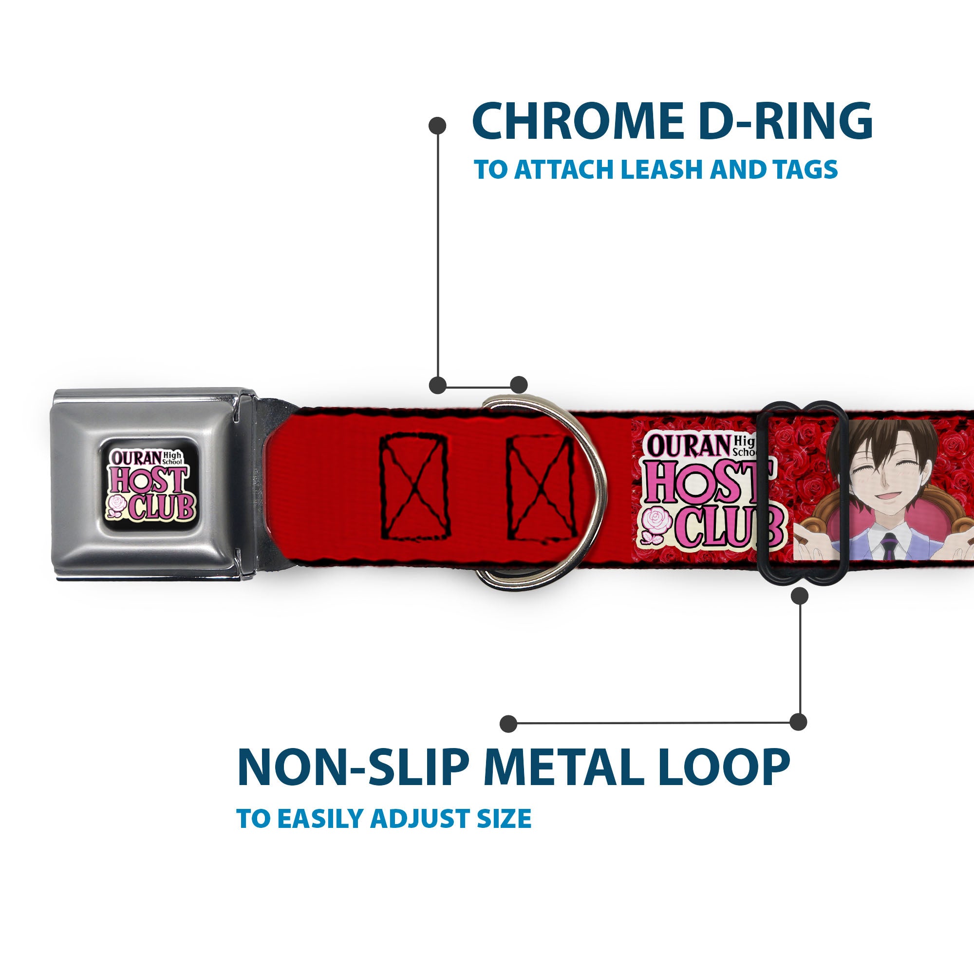 OURAN HIGH SCHOOL HOST CLUB Title Logo Full Color Black Seatbelt Buckle Collar - OURAN HIGH SCHOOL HOST CLUB Haruhi Smiling Pose with Roses and Title Logo Reds Seatbelt Buckle Collars Ouran High School Host Club