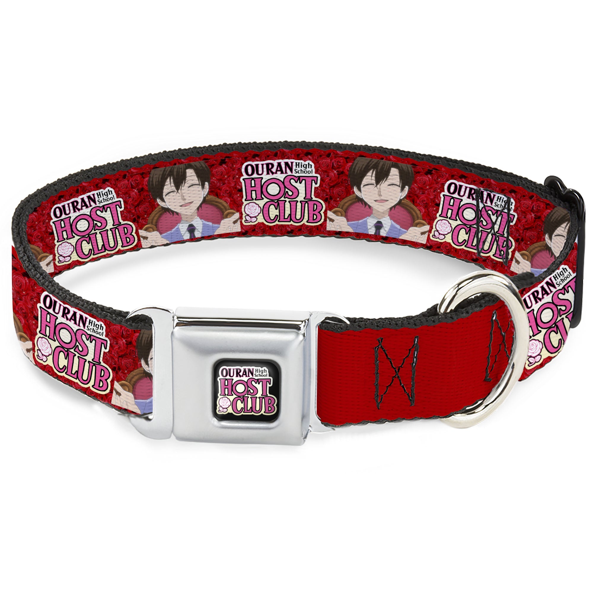 OURAN HIGH SCHOOL HOST CLUB Title Logo Full Color Black Seatbelt Buckle Collar - OURAN HIGH SCHOOL HOST CLUB Haruhi Smiling Pose with Roses and Title Logo Reds Seatbelt Buckle Collars Ouran High School Host Club