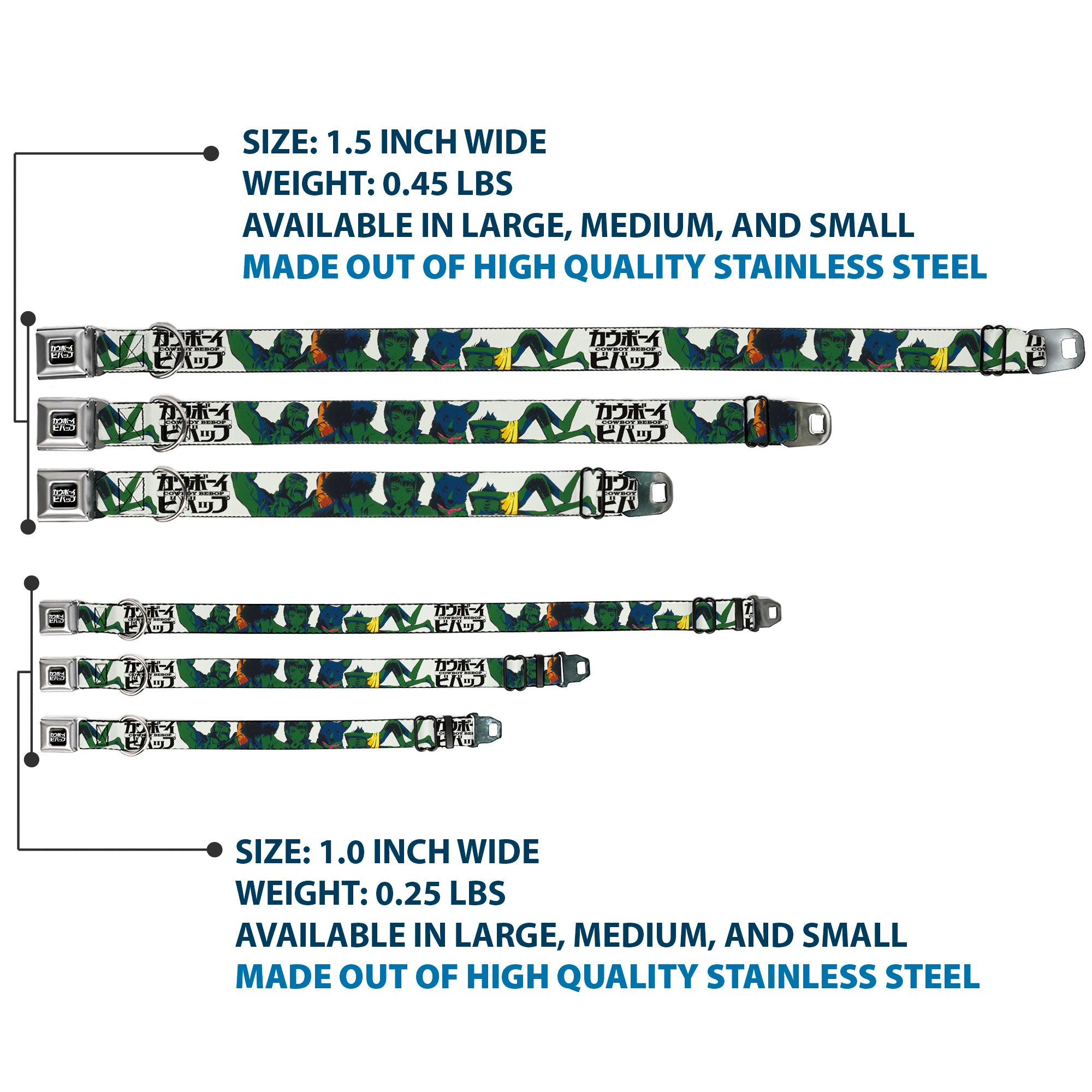 COWBOY BEBOP Title Logo Full Color Black/White Seatbelt Buckle Collar - COWBOY BEBOP Crew Group Pose and Title Logo White/Black/Greens Seatbelt Buckle Collars Cowboy Bebop