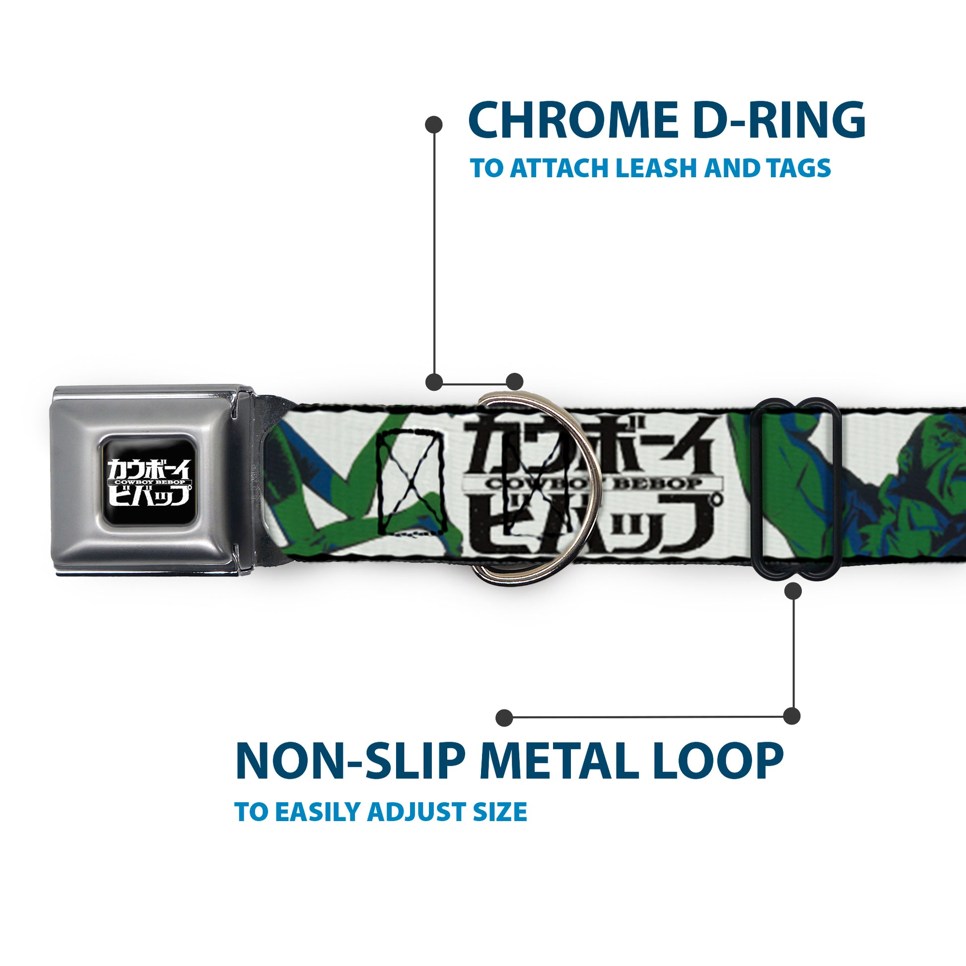 COWBOY BEBOP Title Logo Full Color Black/White Seatbelt Buckle Collar - COWBOY BEBOP Crew Group Pose and Title Logo White/Black/Greens Seatbelt Buckle Collars Cowboy Bebop