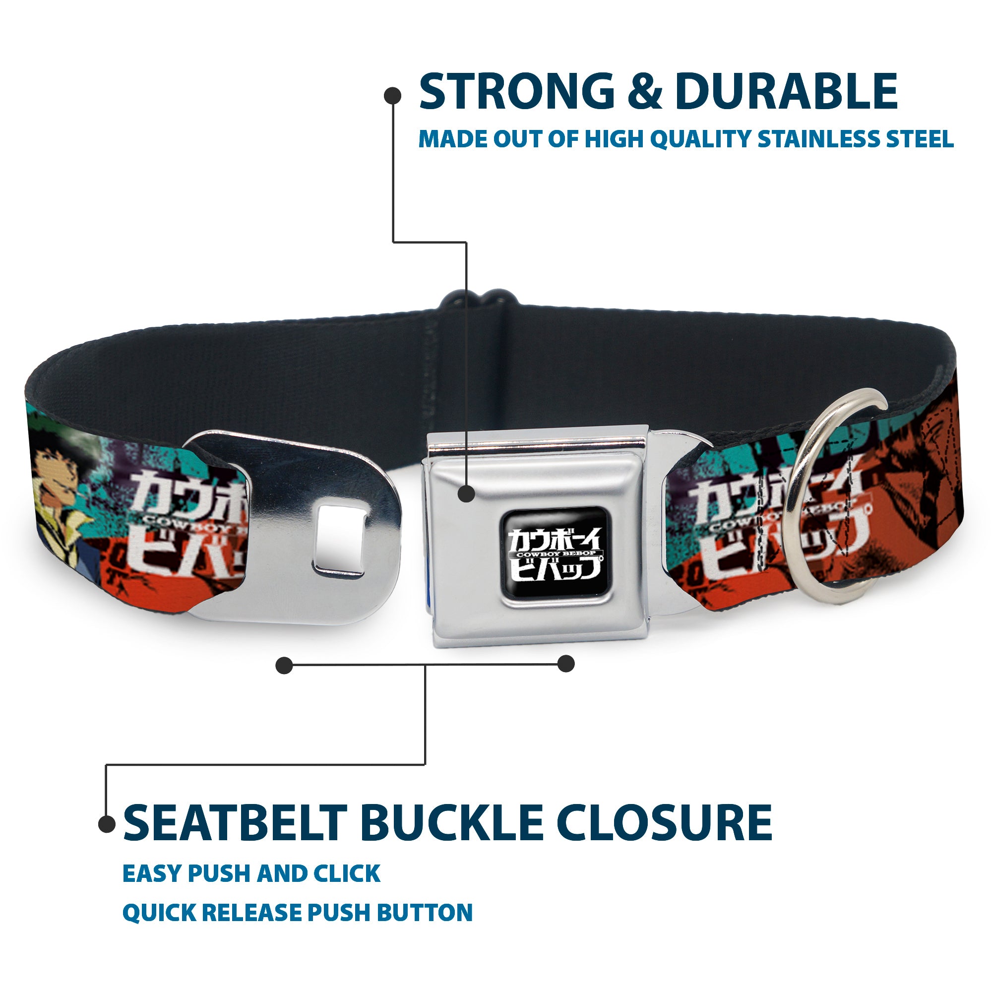 COWBOY BEBOP Title Logo Full Color Black/White Seatbelt Buckle Collar - COWBOY BEBOP Spike and Faye Brick Pose and Title Logo Blues/Reds Seatbelt Buckle Collars Cowboy Bebop