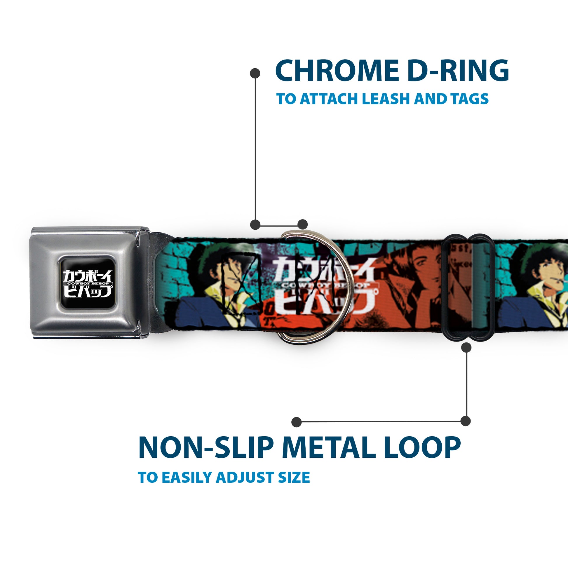 COWBOY BEBOP Title Logo Full Color Black/White Seatbelt Buckle Collar - COWBOY BEBOP Spike and Faye Brick Pose and Title Logo Blues/Reds Seatbelt Buckle Collars Cowboy Bebop