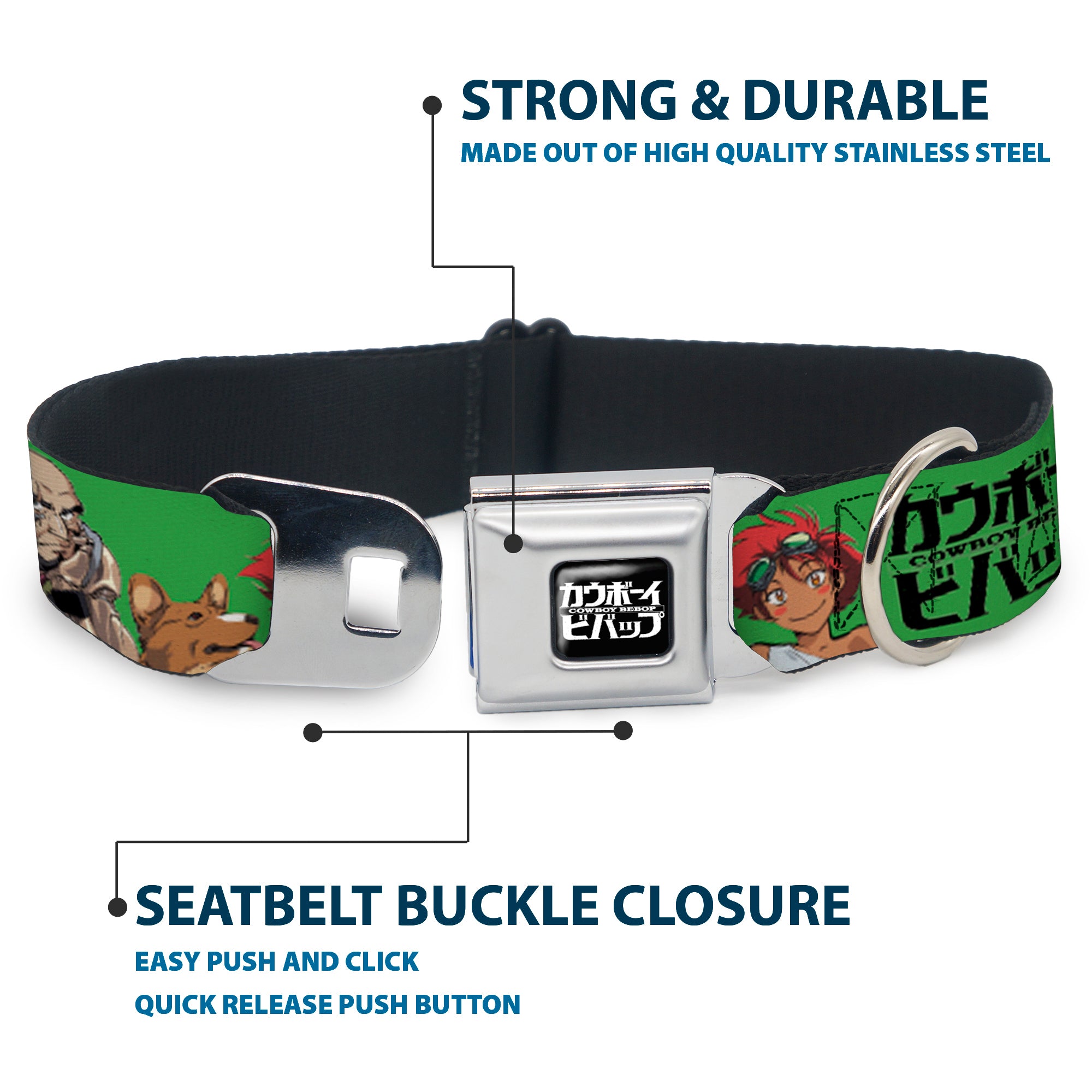 COWBOY BEBOP Title Logo Full Color Black/White Seatbelt Buckle Collar - COWBOY BEBOP Crew Group Pose and Title Logo Green/Black Seatbelt Buckle Collars Cowboy Bebop