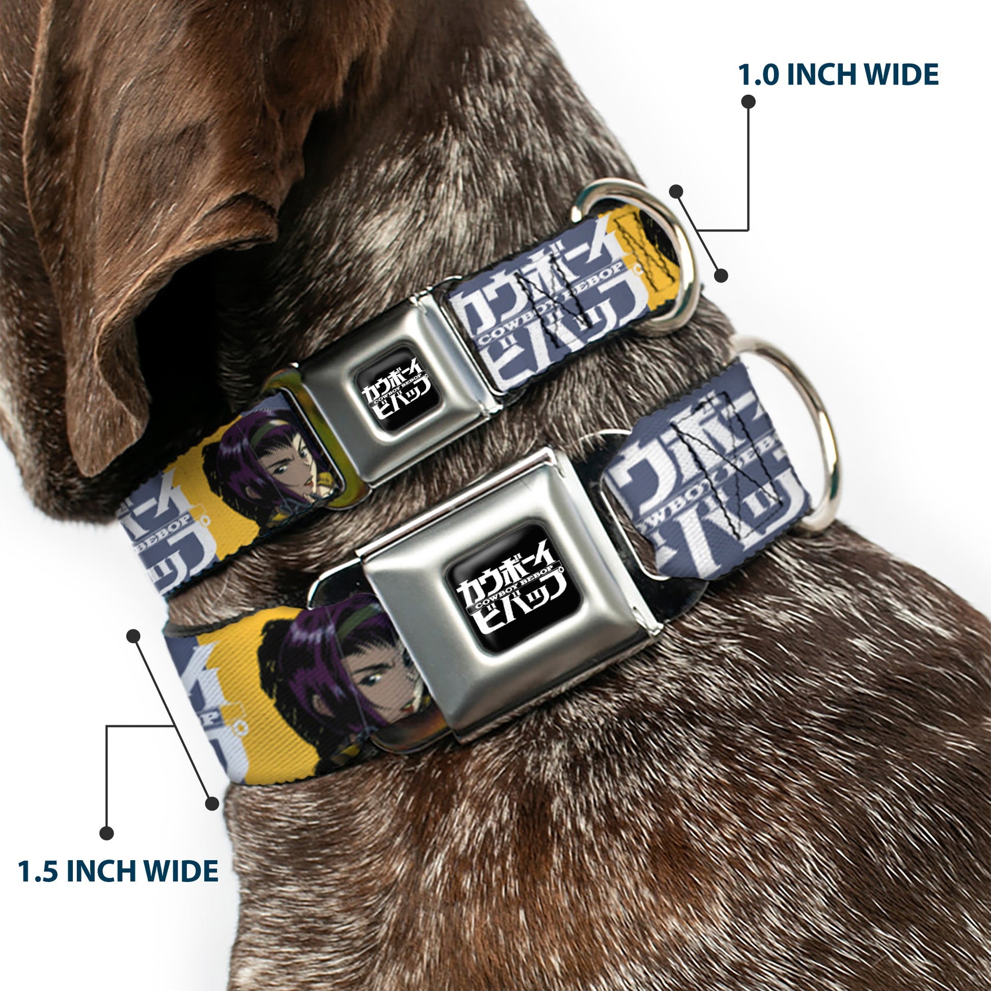 COWBOY BEBOP Title Logo Full Color Black/White Seatbelt Buckle Collar - COWBOY BEBOP Spike Vicious and Faye Pose and Title Logo Blues/Yellow Seatbelt Buckle Collars Cowboy Bebop