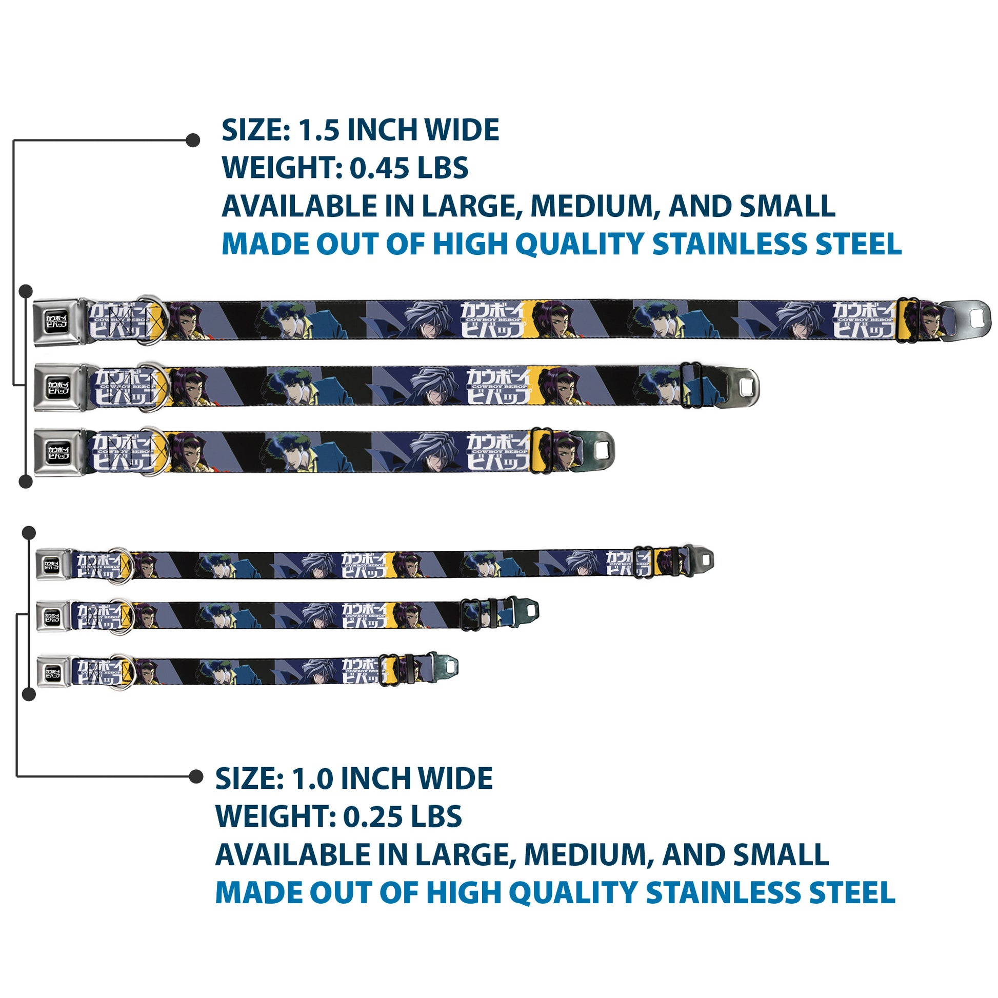 COWBOY BEBOP Title Logo Full Color Black/White Seatbelt Buckle Collar - COWBOY BEBOP Spike Vicious and Faye Pose and Title Logo Blues/Yellow Seatbelt Buckle Collars Cowboy Bebop