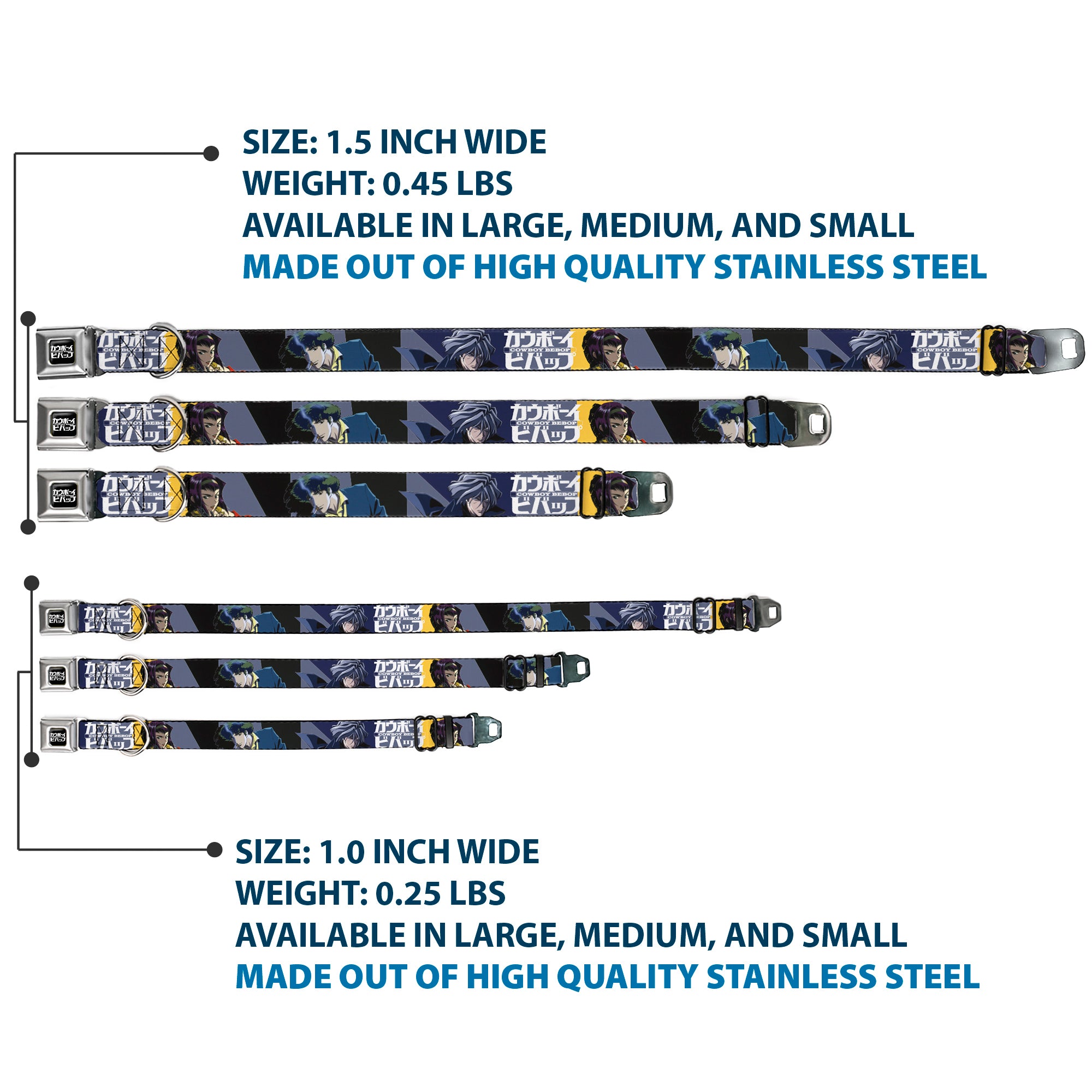 COWBOY BEBOP Title Logo Full Color Black/White Seatbelt Buckle Collar - COWBOY BEBOP Spike Vicious and Faye Pose and Title Logo Blues/Yellow Seatbelt Buckle Collars Cowboy Bebop