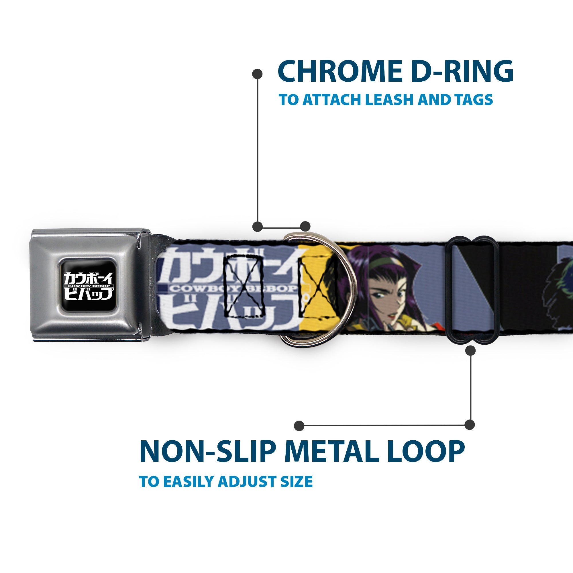 COWBOY BEBOP Title Logo Full Color Black/White Seatbelt Buckle Collar - COWBOY BEBOP Spike Vicious and Faye Pose and Title Logo Blues/Yellow Seatbelt Buckle Collars Cowboy Bebop