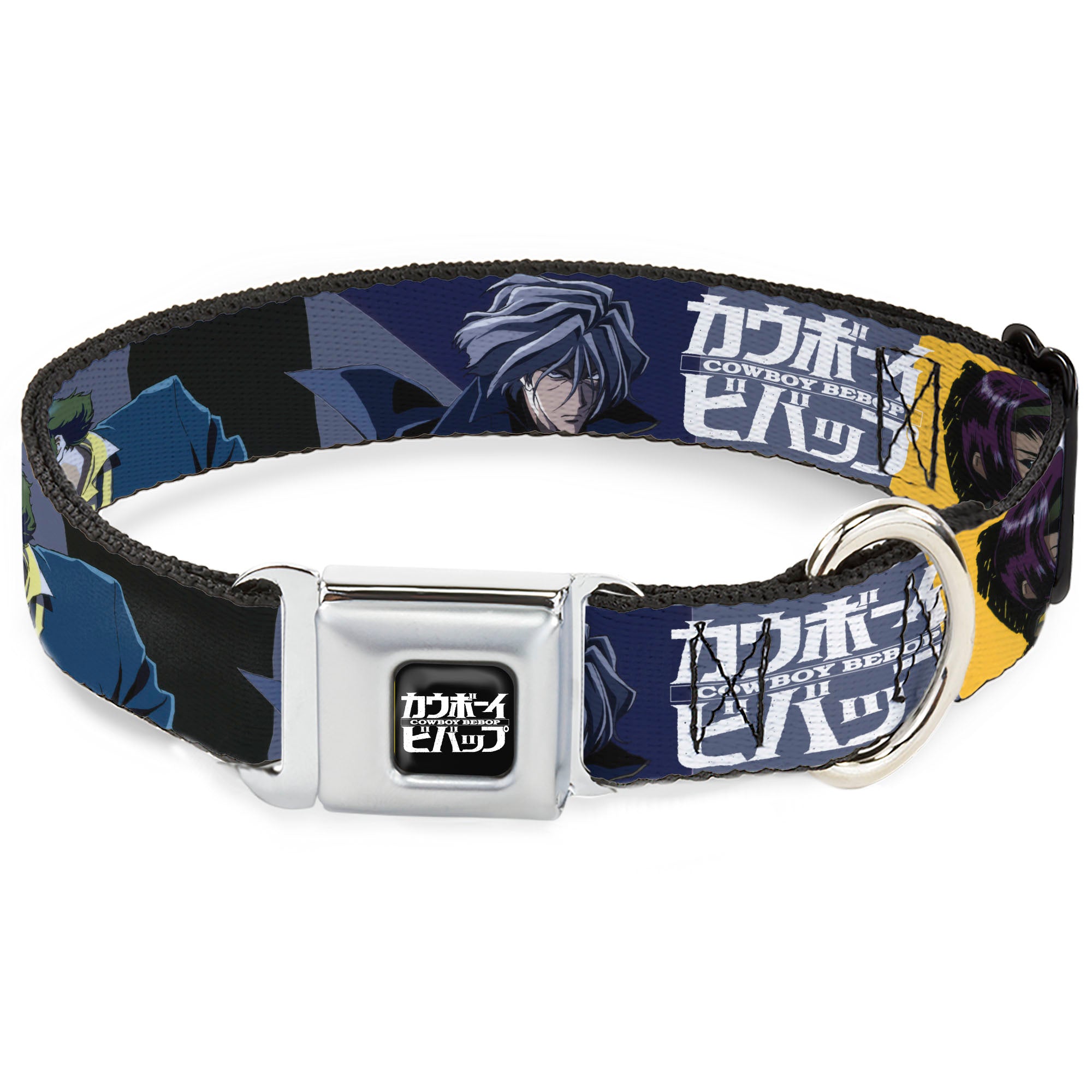 COWBOY BEBOP Title Logo Full Color Black/White Seatbelt Buckle Collar - COWBOY BEBOP Spike Vicious and Faye Pose and Title Logo Blues/Yellow Seatbelt Buckle Collars Cowboy Bebop