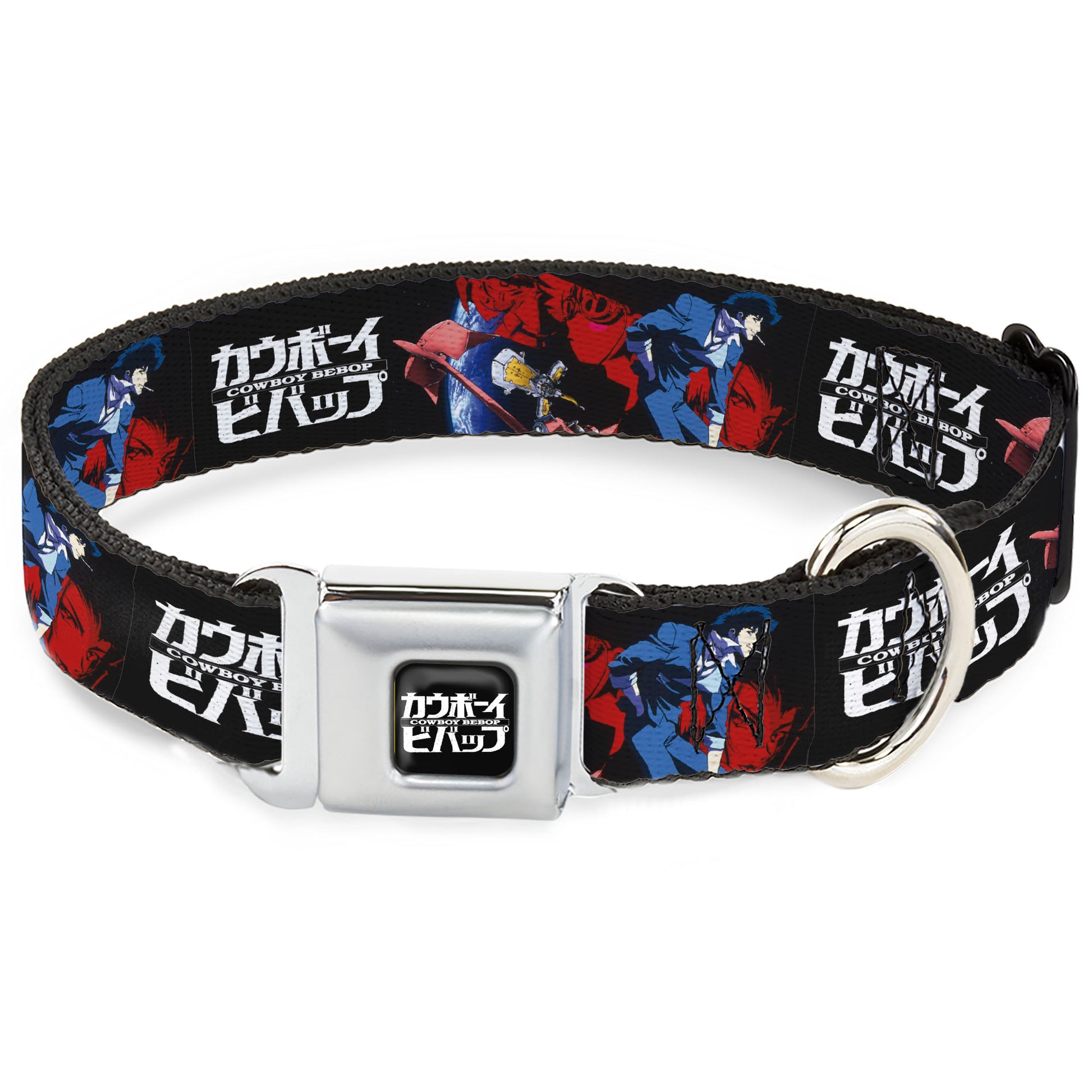 COWBOY BEBOP Title Logo Full Color Black/White Seatbelt Buckle Collar - COWBOY BEBOP Spike Pose and Crew Collage and Title Logo Black Seatbelt Buckle Collars Cowboy Bebop