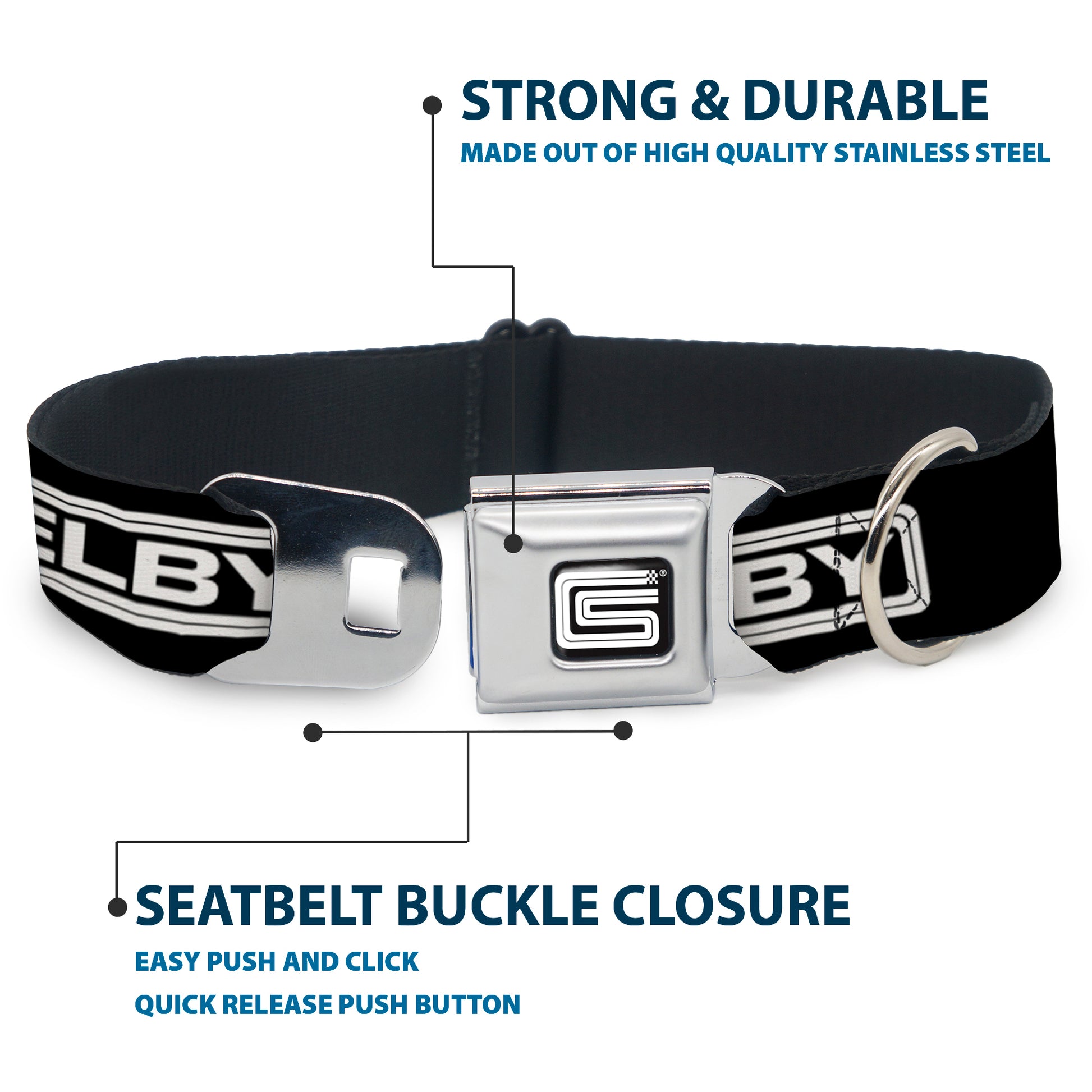 Carroll Shelby CS Racing Logo Full Color Black/White Seatbelt Buckle Collar - Carroll Shelby CS SHELBY Racing Logo Block Black/White Seatbelt Buckle Collars Shelby