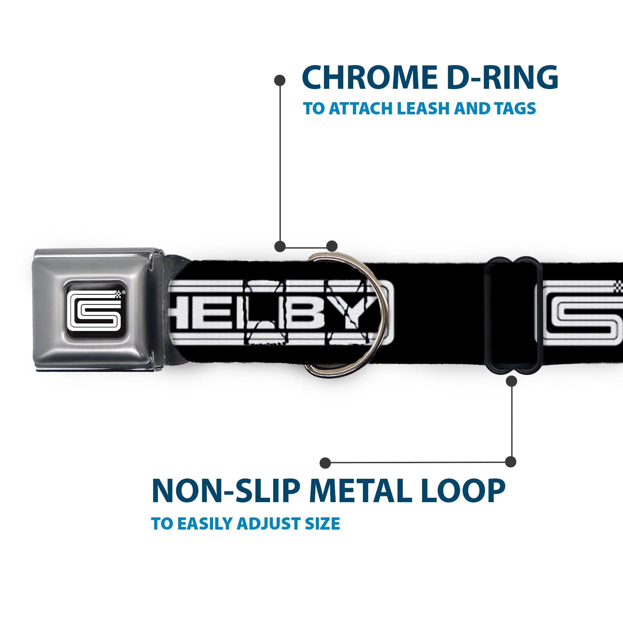 Carroll Shelby CS Racing Logo Full Color Black/White Seatbelt Buckle Collar - Carroll Shelby CS SHELBY Racing Logo Block Black/White Seatbelt Buckle Collars Shelby