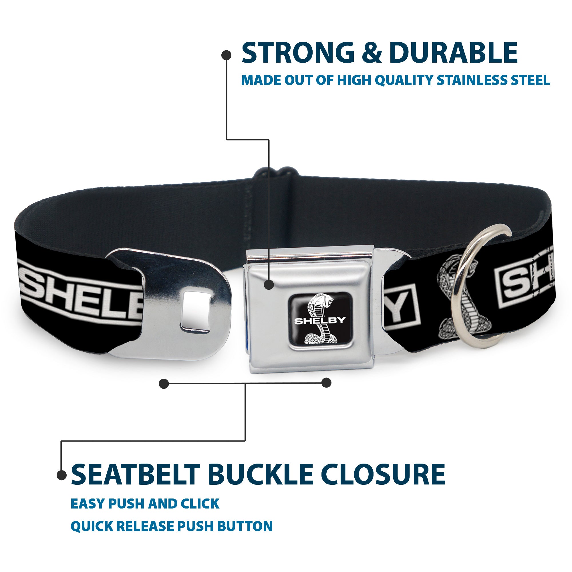 SHELBY Super Snake Cobra Split Full Color Black/White Seatbelt Buckle Collar - SHELBY Box Logo and Super Snake Cobra Black/White Seatbelt Buckle Collars Shelby