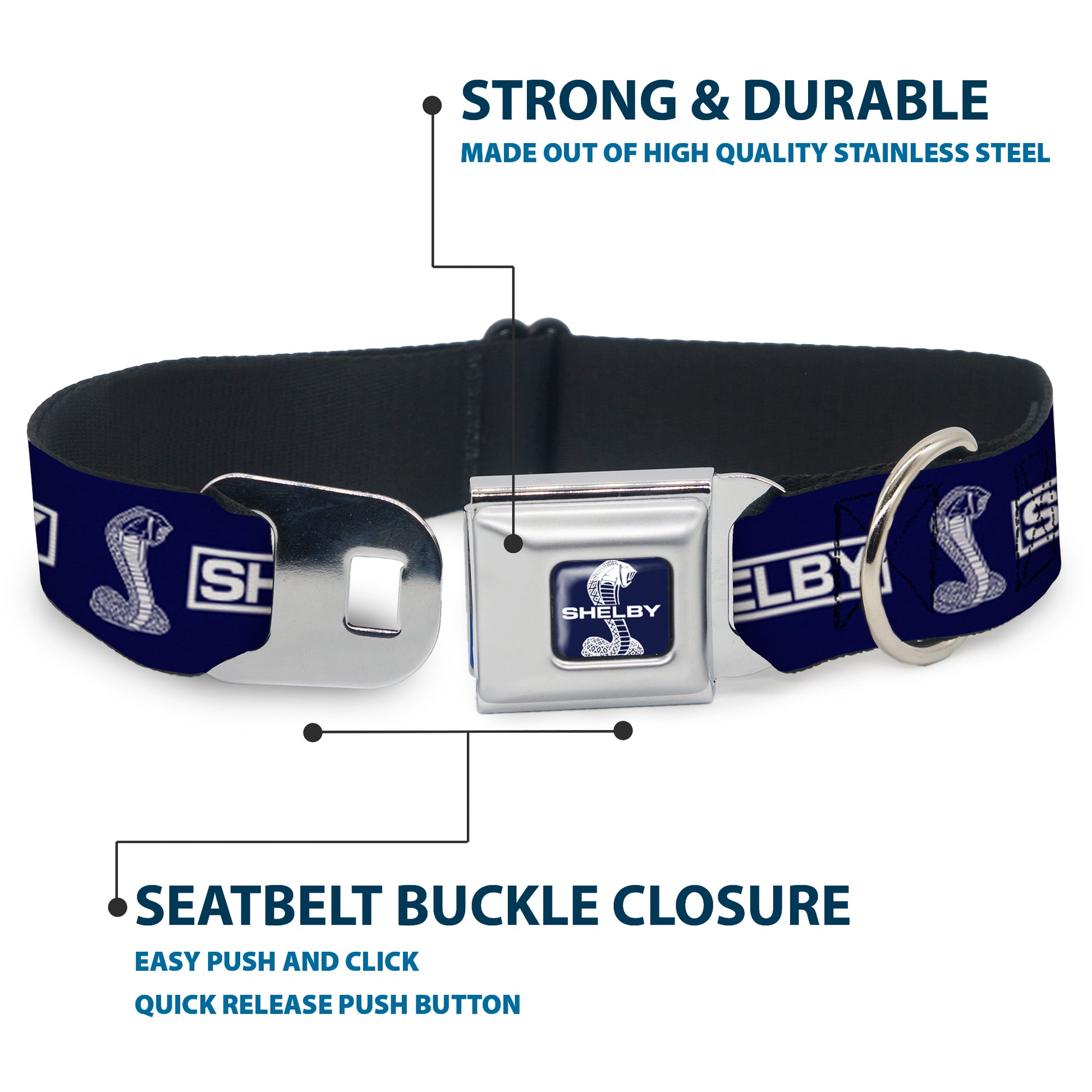SHELBY Super Snake Cobra Split Full Color Blue/White Seatbelt Buckle Collar - SHELBY Box Logo and Super Snake Cobra Blue/White Seatbelt Buckle Collars Shelby