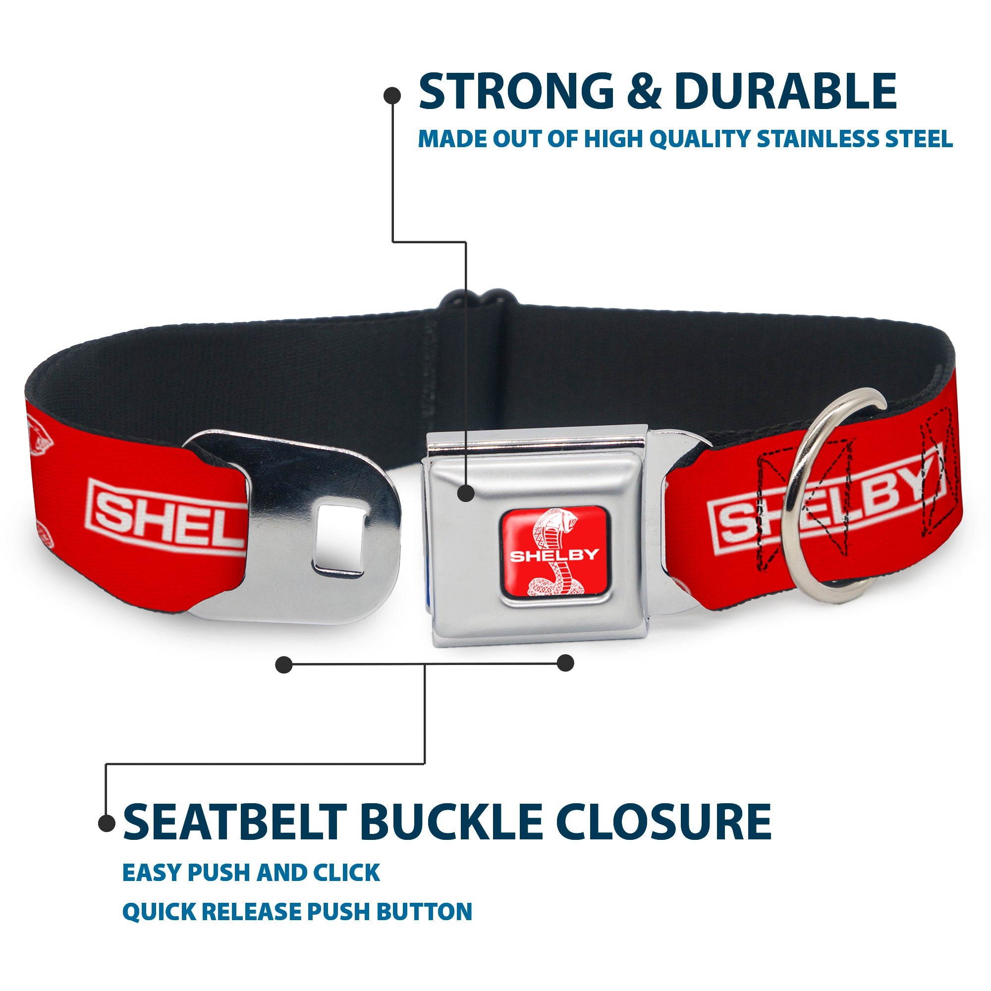 SHELBY Super Snake Cobra Split Full Color Red/White Seatbelt Buckle Collar - SHELBY Box Logo and Super Snake Cobra Red/White Seatbelt Buckle Collars Shelby