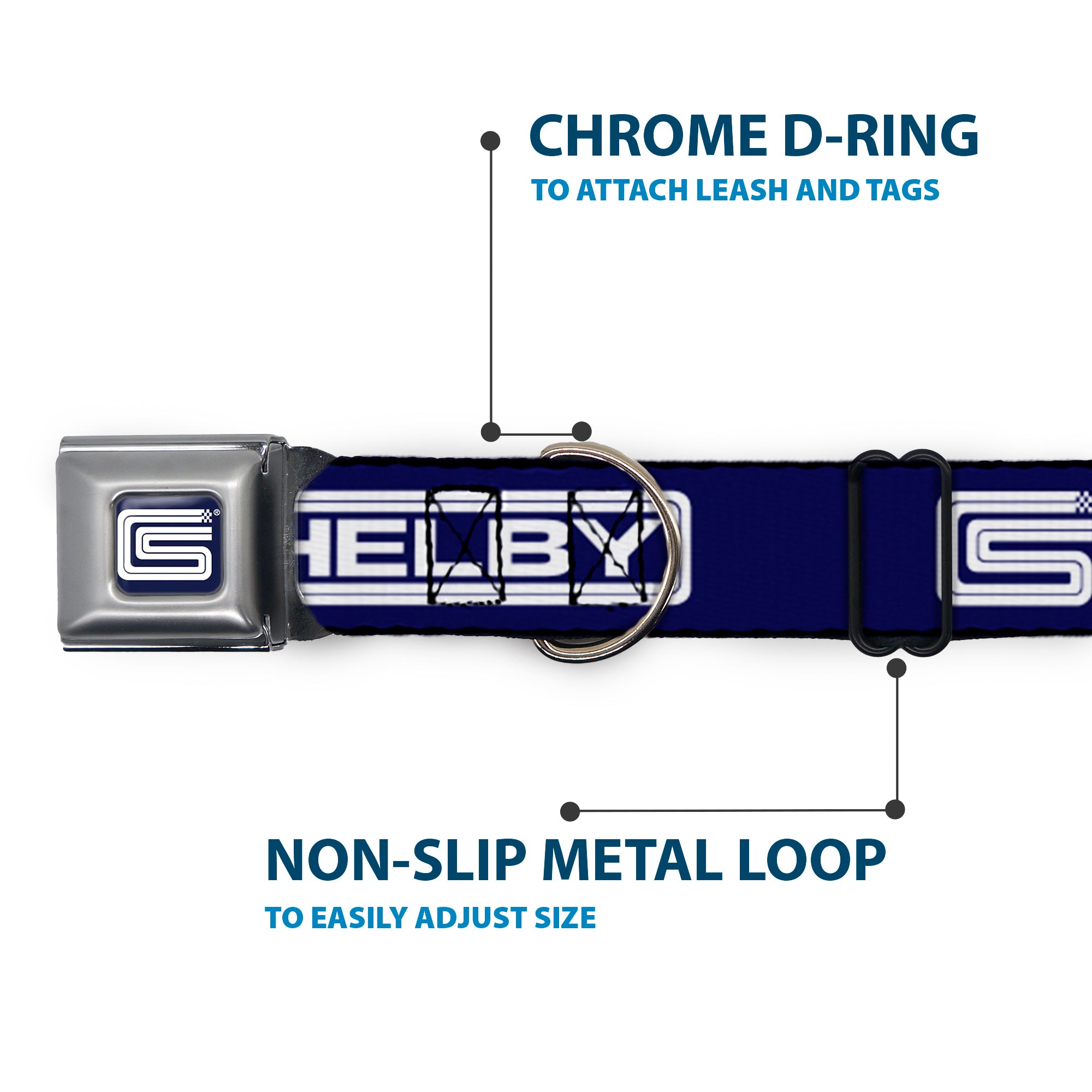 Carroll Shelby CS Racing Logo Full Color Navy/White Seatbelt Buckle Collar - Carroll Shelby CS SHELBY Racing Logo Block Navy/White Seatbelt Buckle Collars Shelby