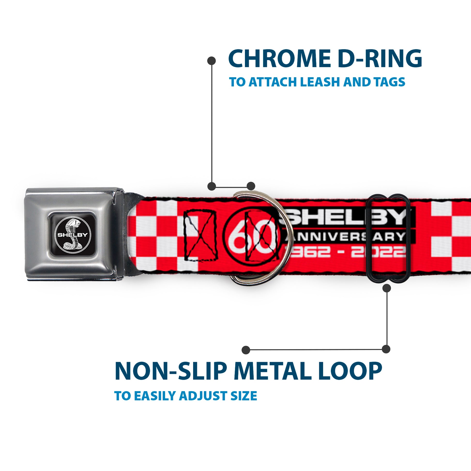 SHELBY Tiffany Split Full Color Black/White Seatbelt Buckle Collar - SHELBY 60th ANNIVERSARY Checker Red/Black/White Seatbelt Buckle Collars Shelby