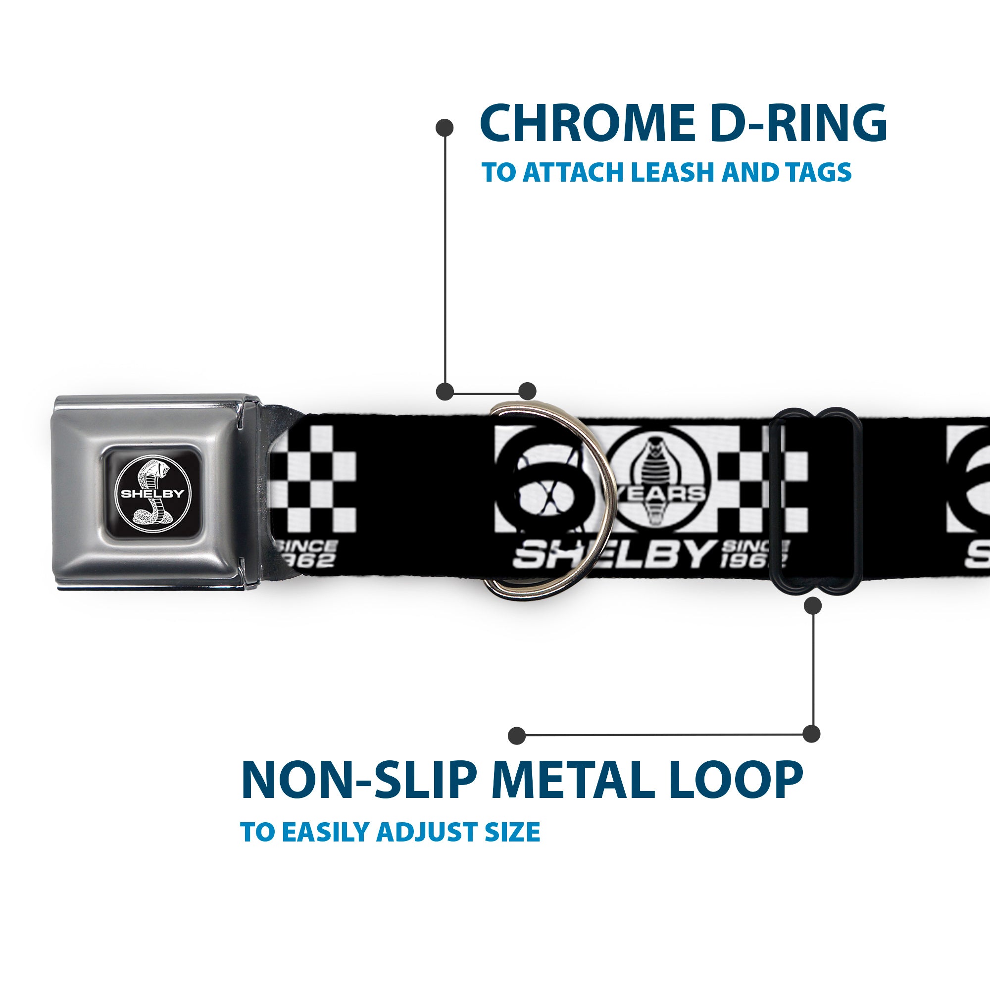 SHELBY Tiffany Split Full Color Black/White Seatbelt Buckle Collar - SHELBY 60 YEARS SINCE 1962 Checker Black/White Seatbelt Buckle Collars Shelby