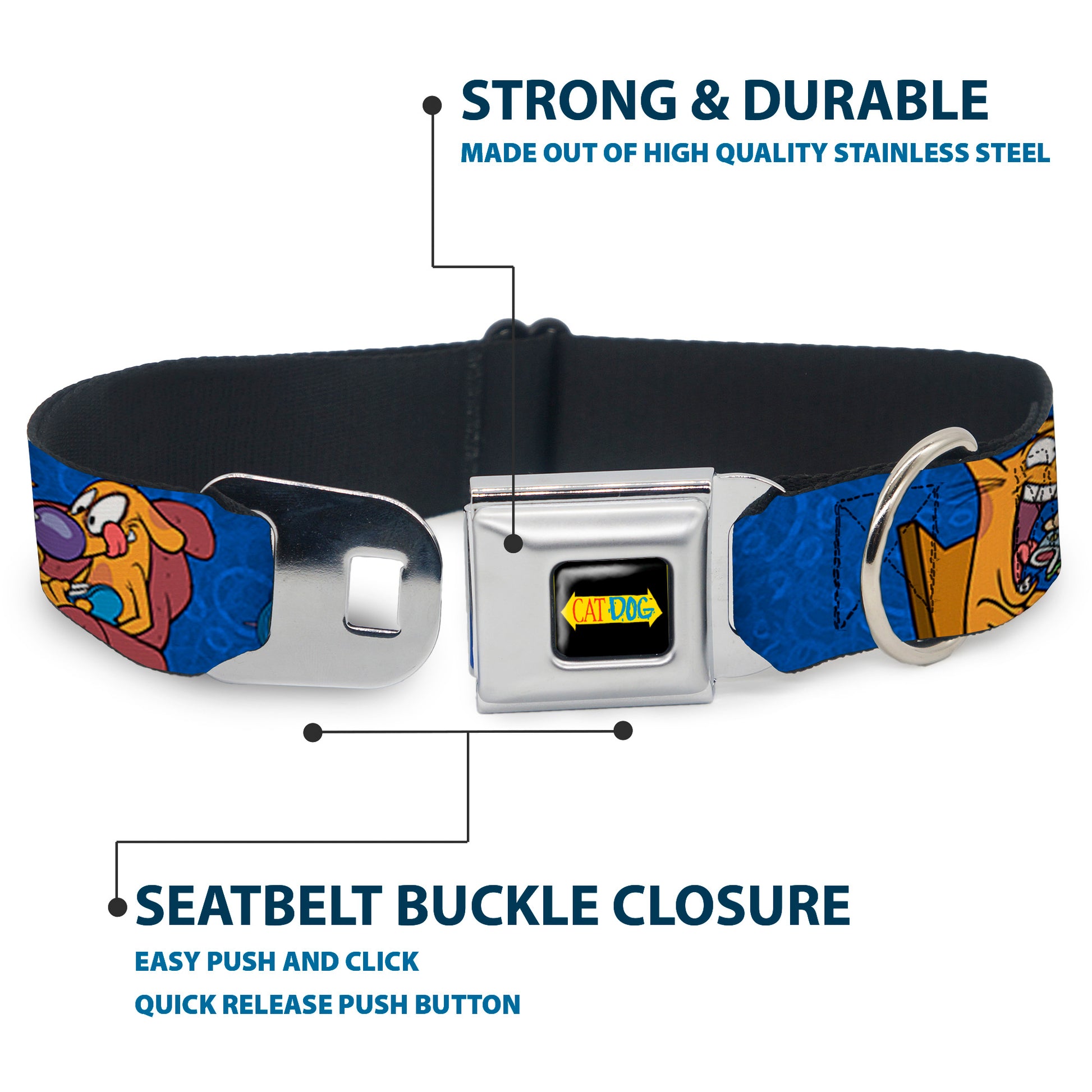 CatDog Stretch/CATDOG Logo Seatbelt Buckle Collar - CatDog Hanging Out Poses Blue Seatbelt Buckle Collars CatDog