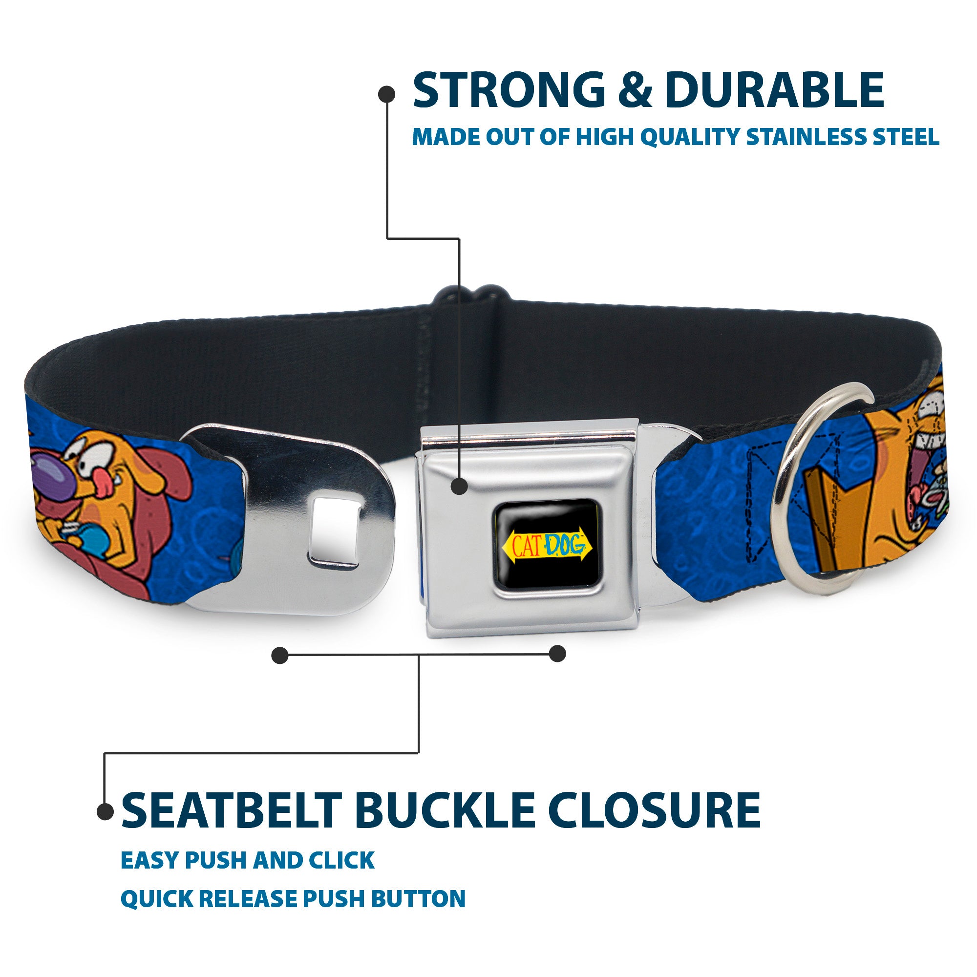 CatDog Stretch/CATDOG Logo Seatbelt Buckle Collar - CatDog Hanging Out Poses Blue Seatbelt Buckle Collars CatDog