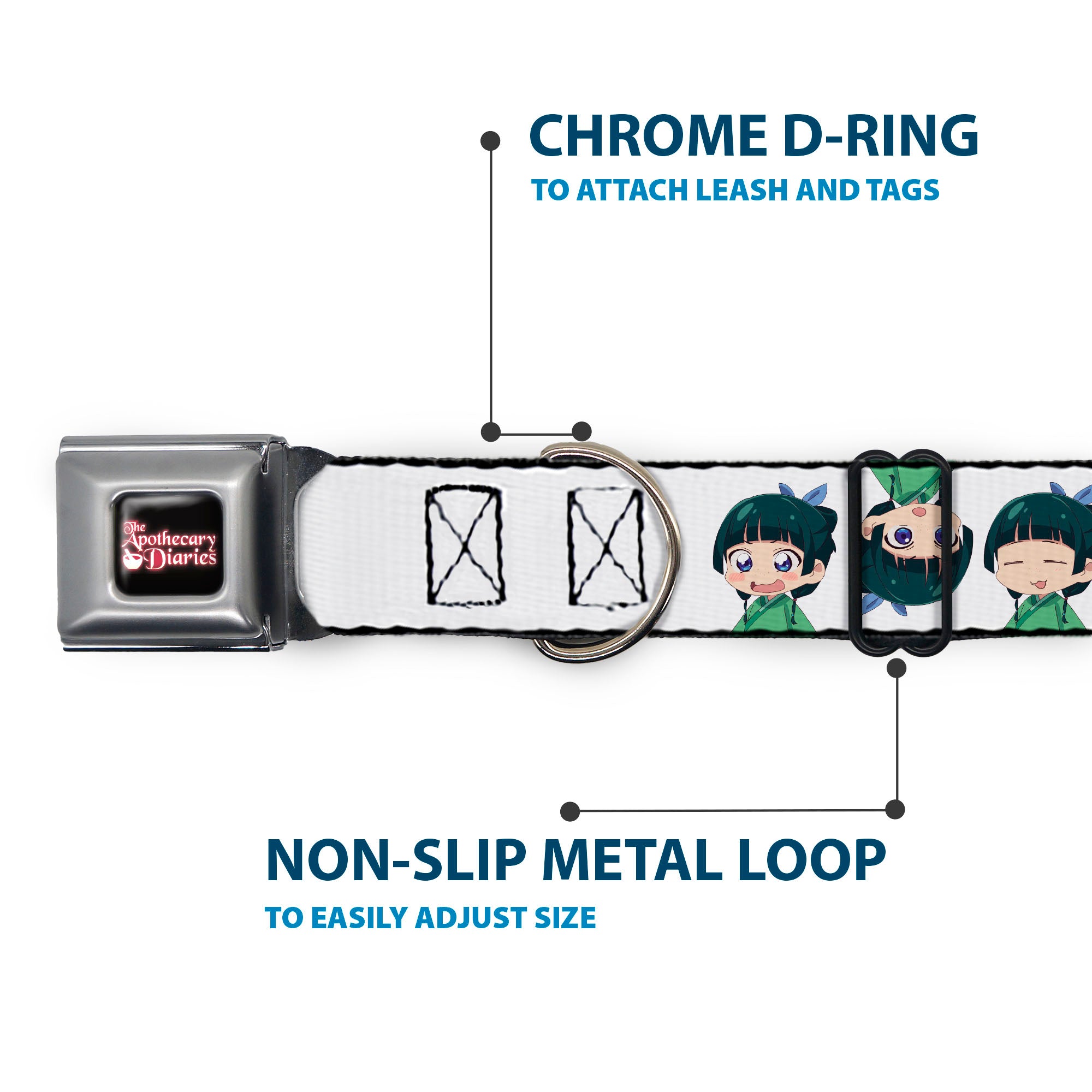 THE APOTHECARY DIARIES Title Logo Full Color Black/Red/White Seatbelt Buckle Collar - The Apothecary Diaries Chibi Maomao Expressions Flip White Seatbelt Buckle Collars The Apothecary Diaries