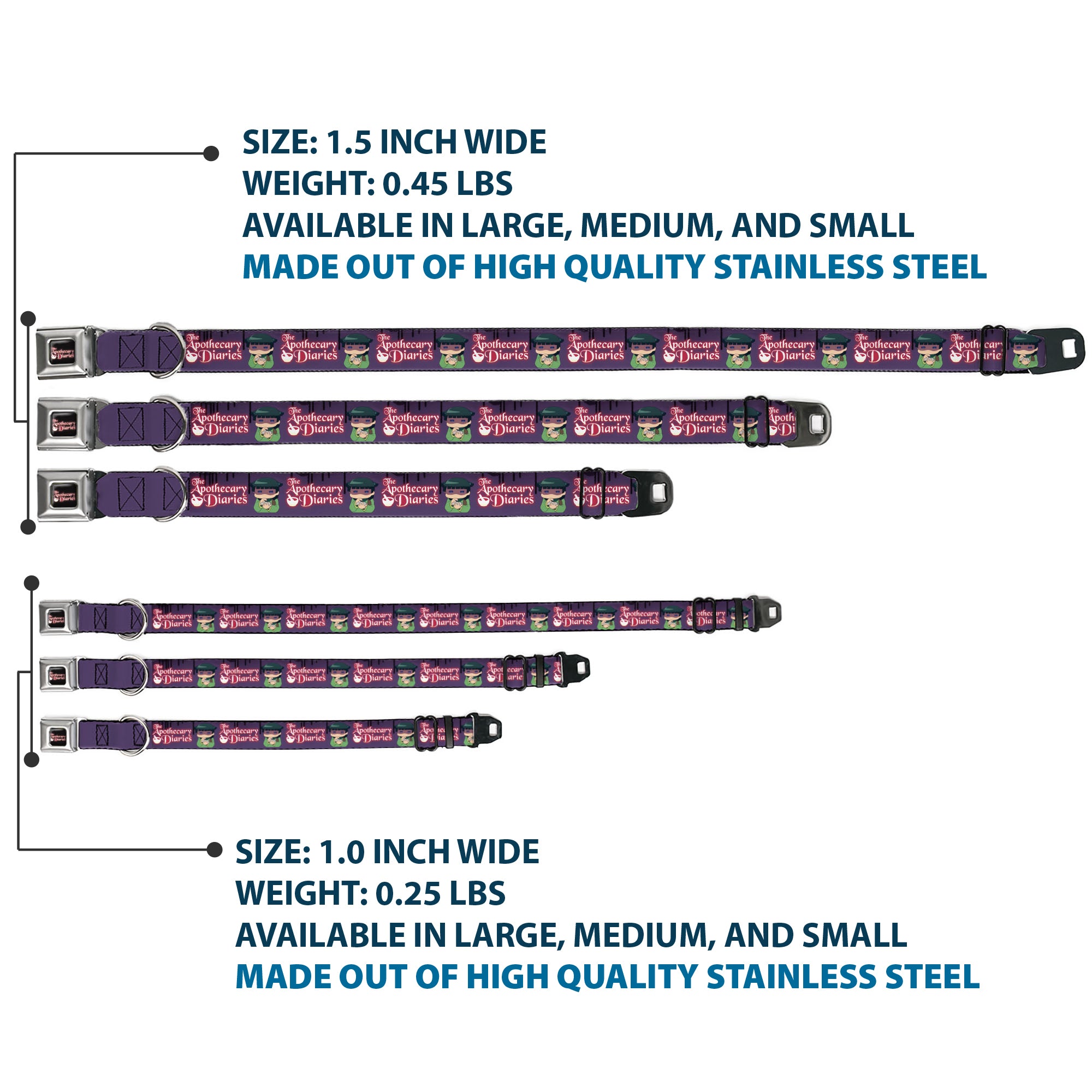 THE APOTHECARY DIARIES Title Logo Full Color Black/Red/White Seatbelt Buckle Collar - THE APOTHECARY DIARIES Chibi Maomao Pose and Title Logo Purple Seatbelt Buckle Collars The Apothecary Diaries