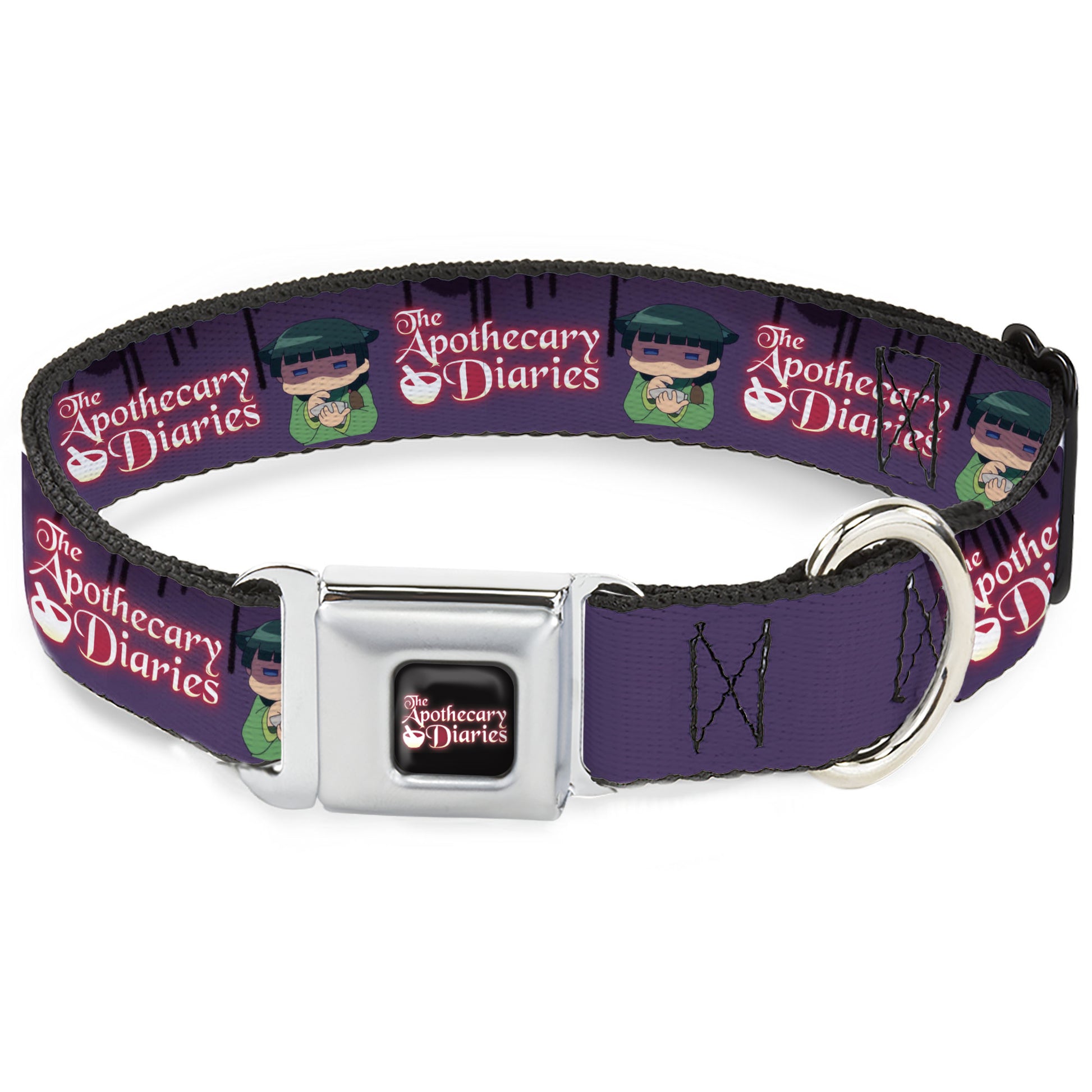 THE APOTHECARY DIARIES Title Logo Full Color Black/Red/White Seatbelt Buckle Collar - THE APOTHECARY DIARIES Chibi Maomao Pose and Title Logo Purple Seatbelt Buckle Collars The Apothecary Diaries