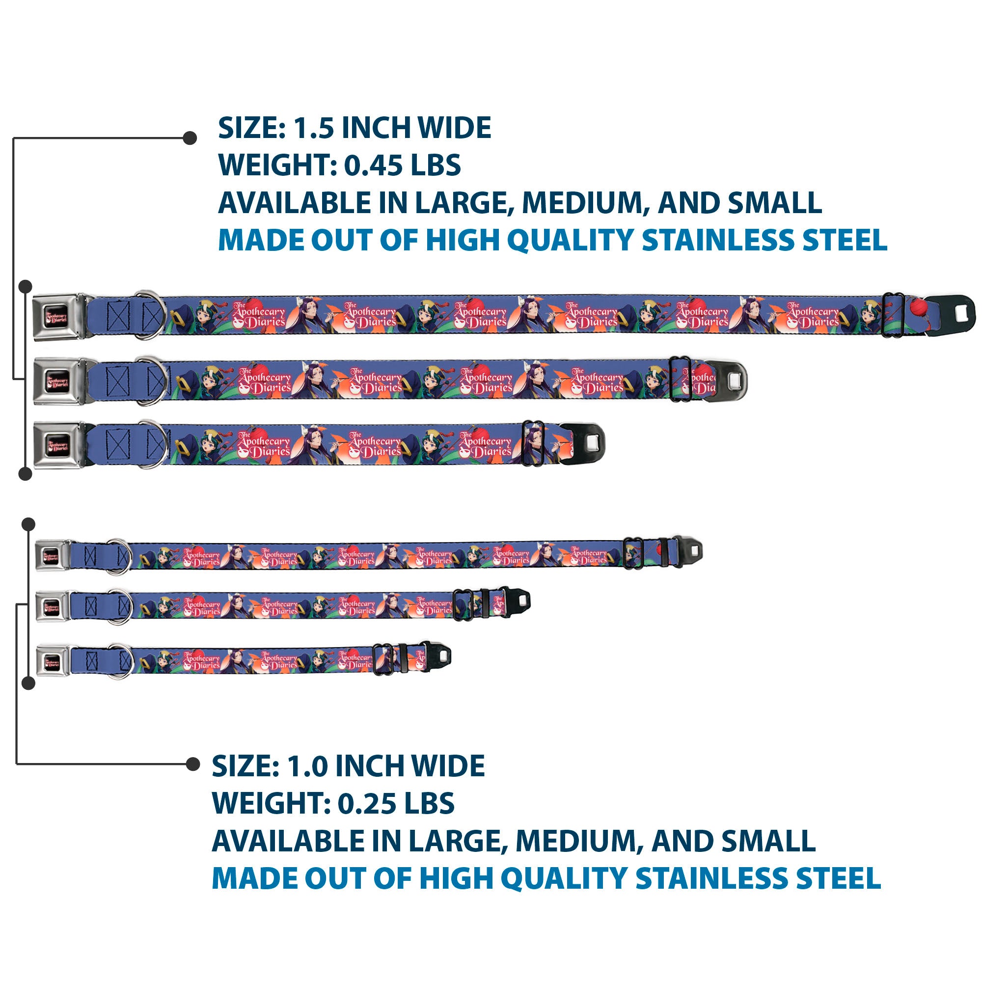 THE APOTHECARY DIARIES Title Logo Full Color Black/Red/White Seatbelt Buckle Collar - THE APOTHECARY DIARIES Jinshi and Maomao Pose and Title Logo Purple Seatbelt Buckle Collars The Apothecary Diaries