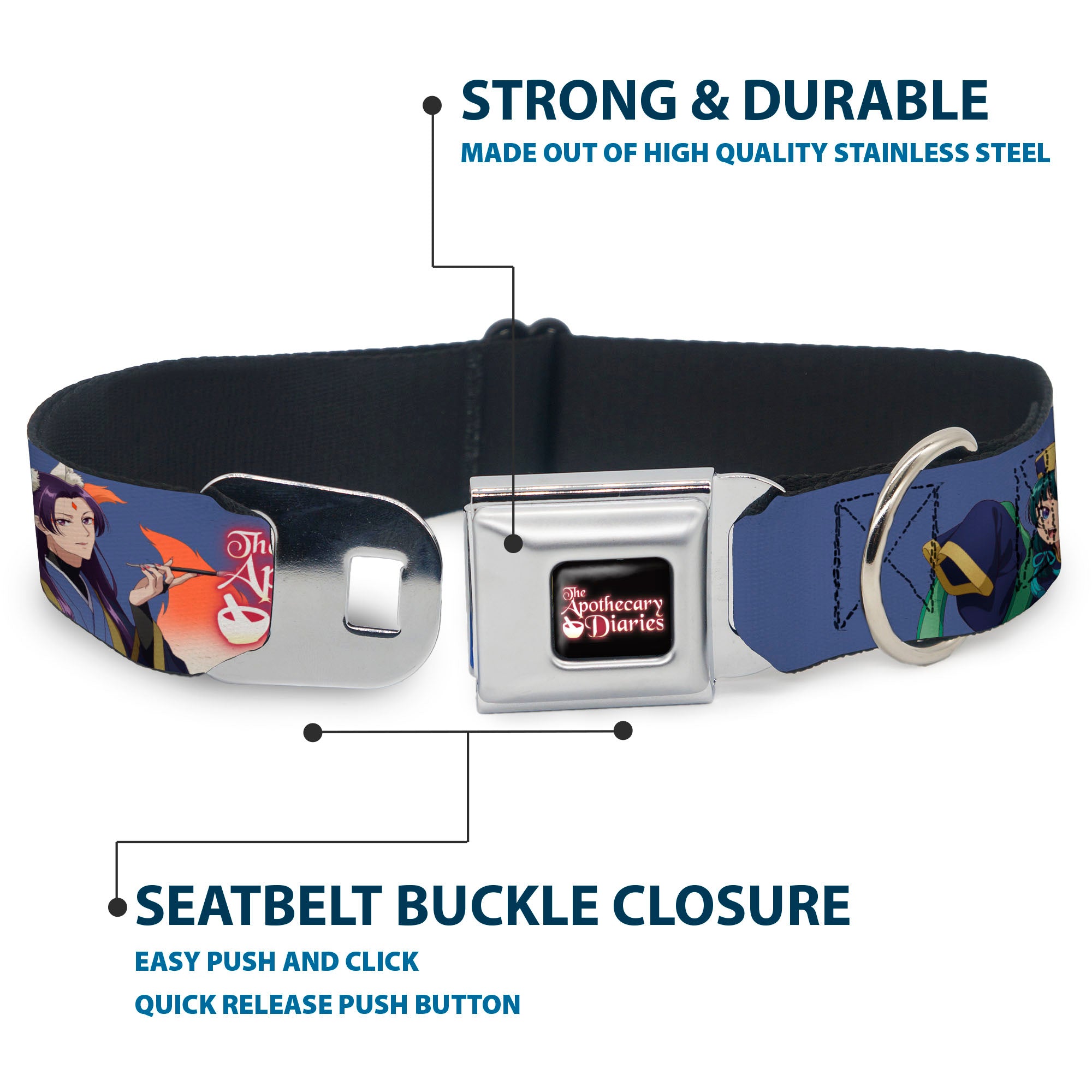 THE APOTHECARY DIARIES Title Logo Full Color Black/Red/White Seatbelt Buckle Collar - THE APOTHECARY DIARIES Jinshi and Maomao Pose and Title Logo Purple Seatbelt Buckle Collars The Apothecary Diaries