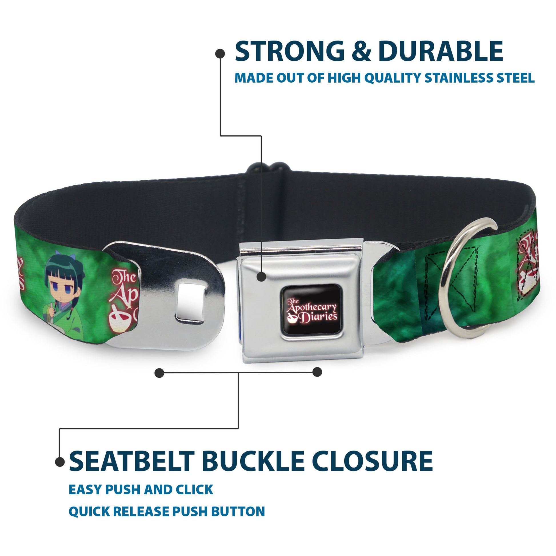 THE APOTHECARY DIARIES Title Logo Full Color Black/Red/White Seatbelt Buckle Collar - THE APOTHECARY DIARIES Maomao Grinding Pose and Title Logo Greens Seatbelt Buckle Collars The Apothecary Diaries